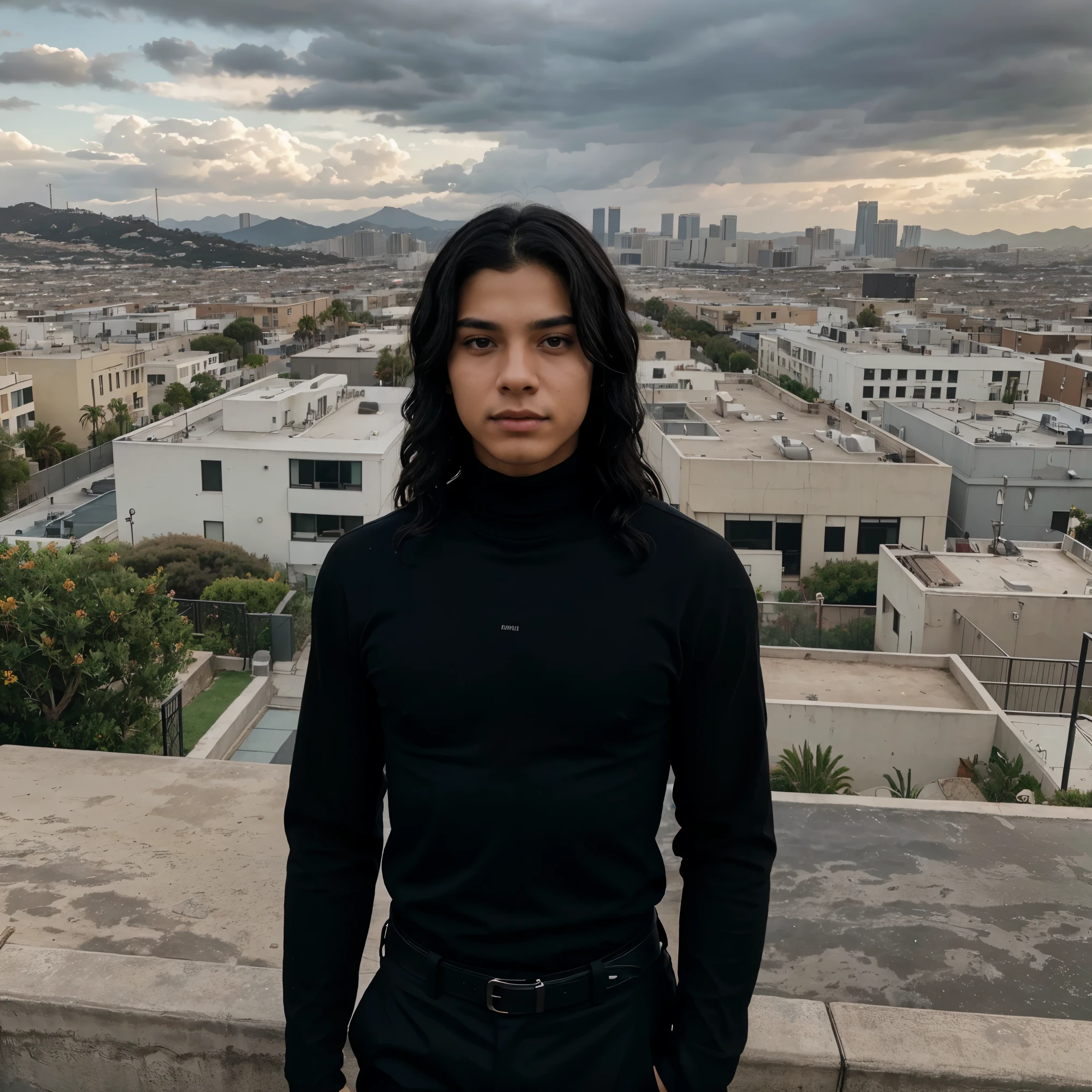 teen latin boy with black wavy hair wearing a black turtleneck and black pants , Los Angeles view in the background in a cloudy day , luxury Aesthetic, black aesthetic, Dark luxury Aesthetic