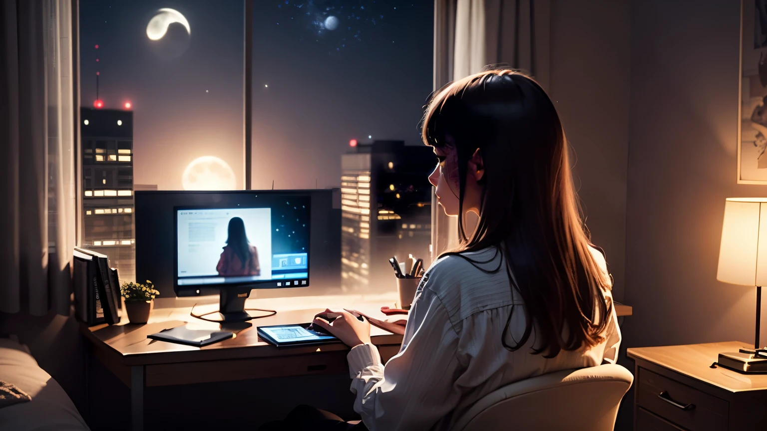 Generate a 1920 x 1080 resolution picture of a young 23 year old woman is browsing through her computer on her bedroom in night, full moon, window, ultra realistic, rear view, cinematic, 4k, highly detailed.