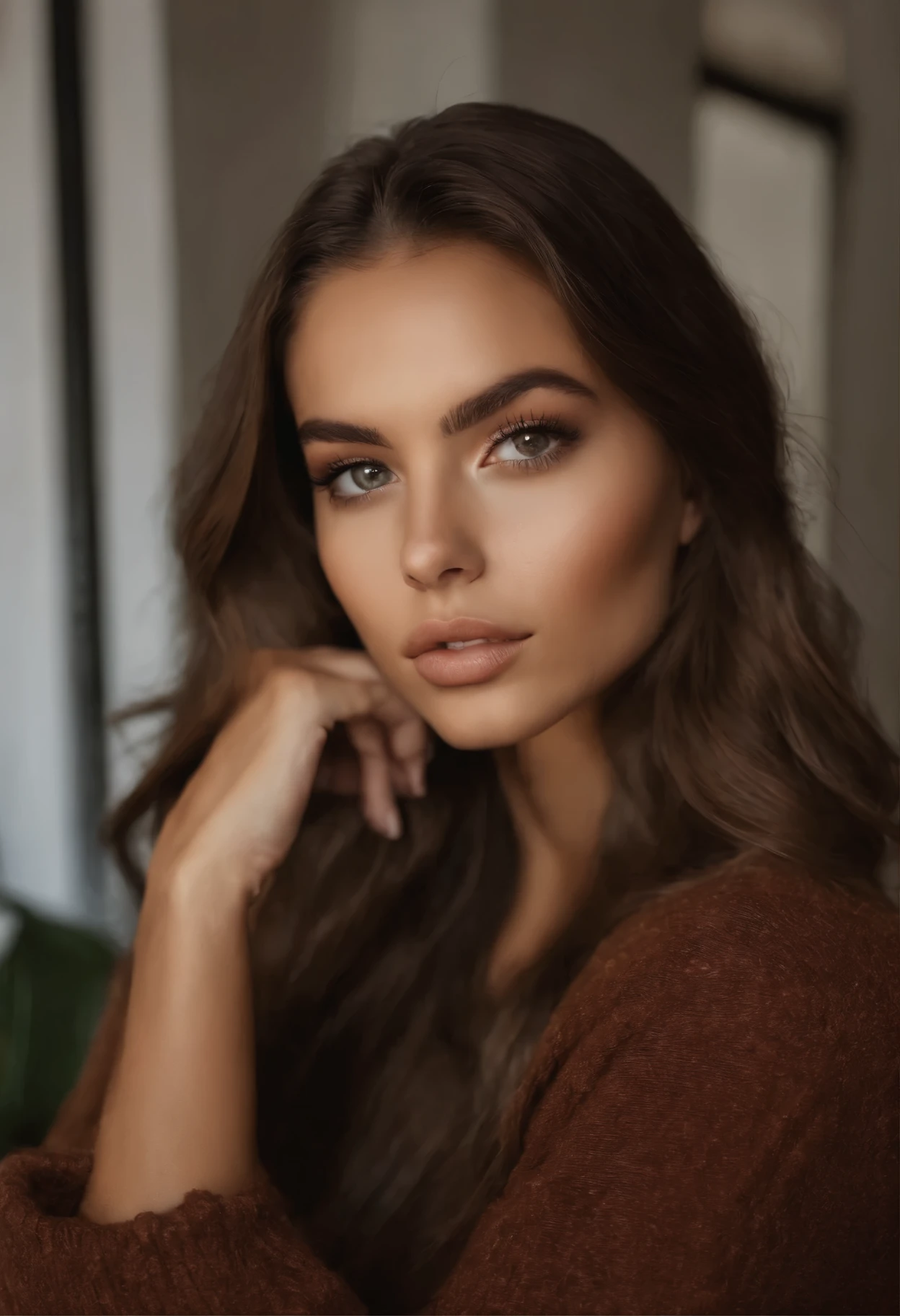 Arafed mujer con ropa negra, Chica sexy con ojos marrones, Retrato Sophie Mudd, brown hair and large eyes, selfie de una mujer joven, Camera eyes, Violeta Myers, Sin maquillaje, Maquillaje natural, staring directly into camera, Cara con Artgram, Maquillaje sutil, Gran foto de cuerpo entero, in the room, escote, light make up, long brown hair, setting in white couch, wearing jeans
