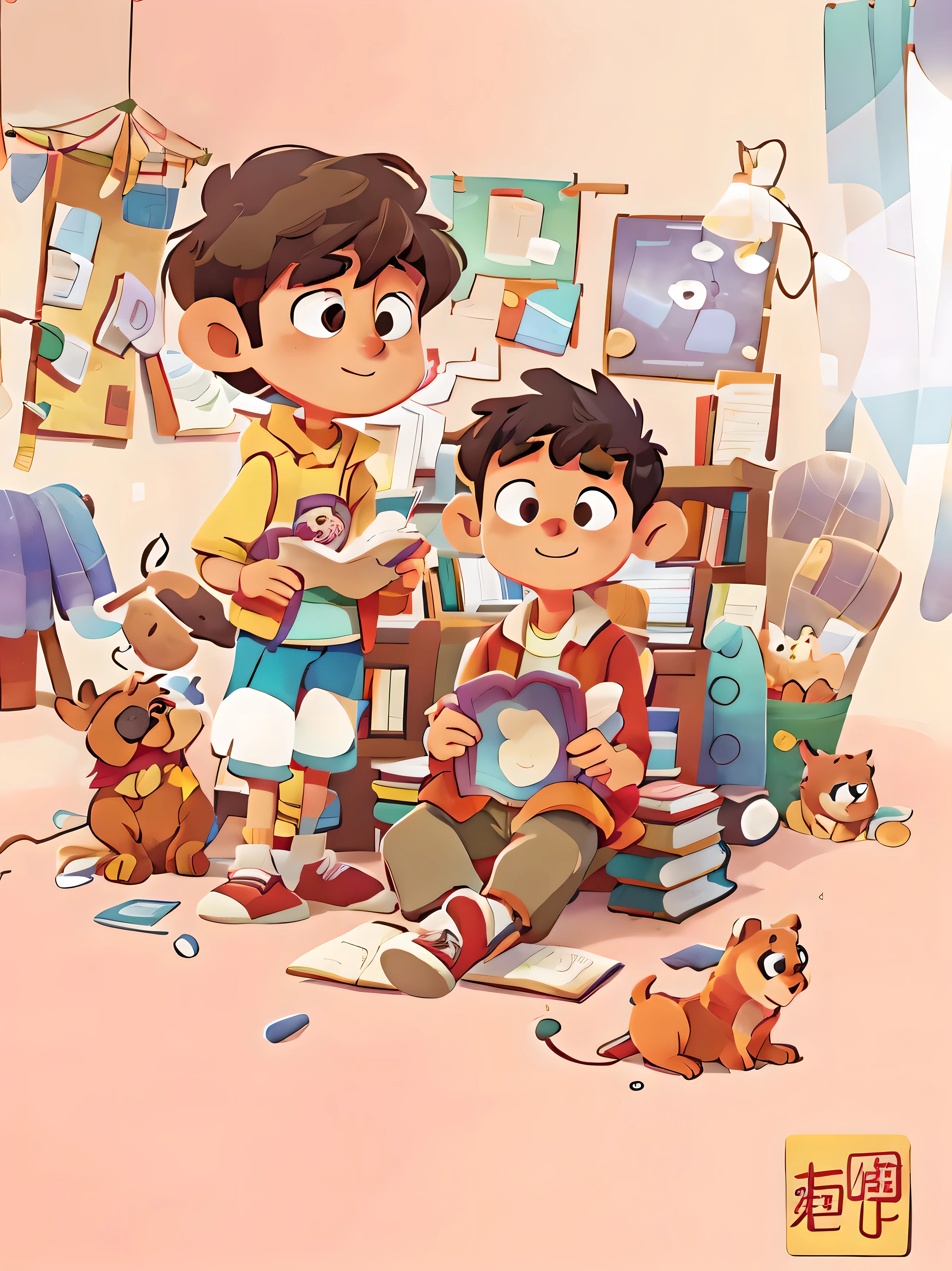 Poster showing a boy reading a book and a dog, read new books, Inspired by Zhang Han, Coloring page,warmth,anime style,Love to read,Hayao Miyazaki,Fading the background to highlight the characters,character-centered