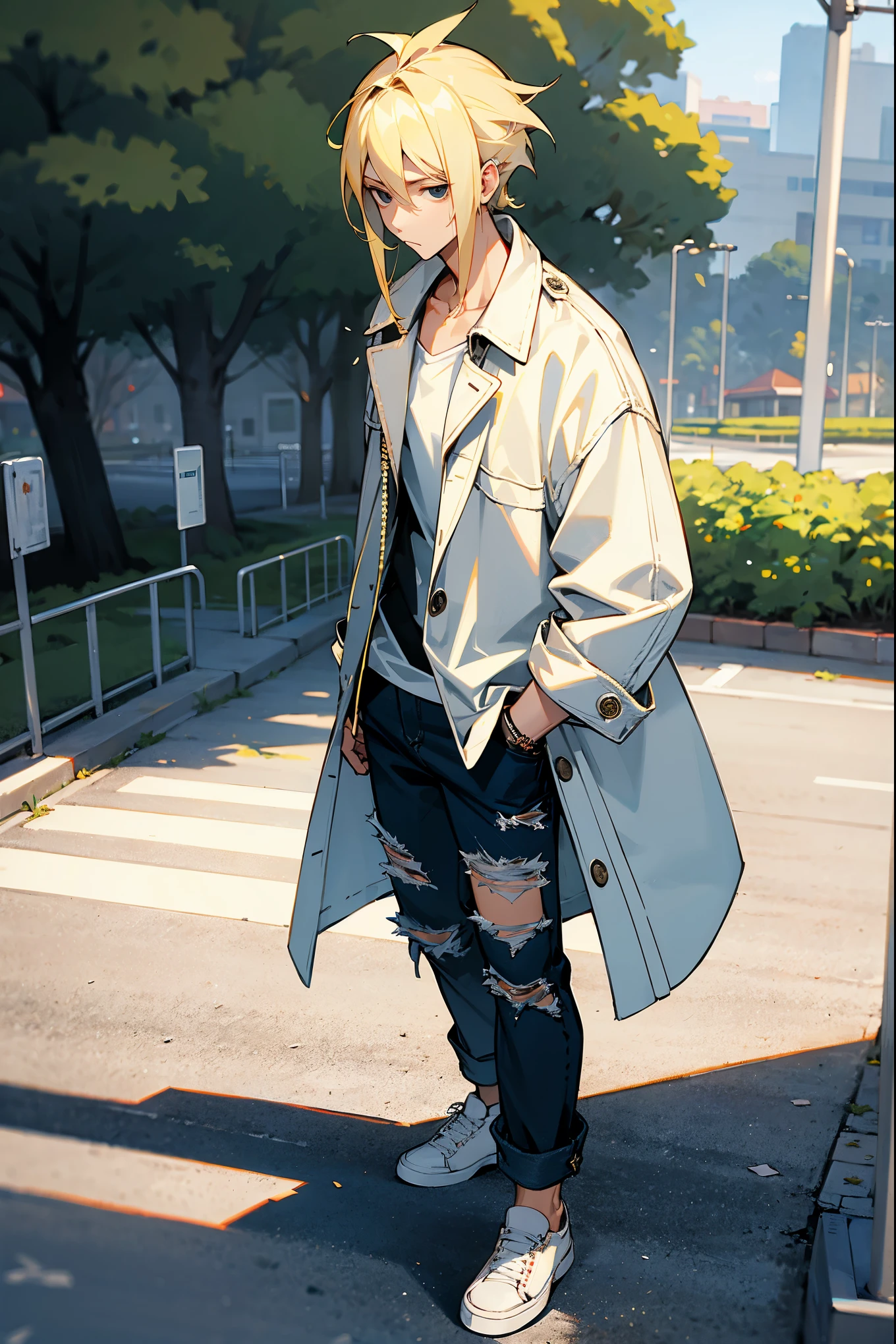 1male, blonde hair, black eyes, medium length hair, white undershirt, denim coat, baggy ripped jeans, modern clothing, park background, walking on path, deadpan face