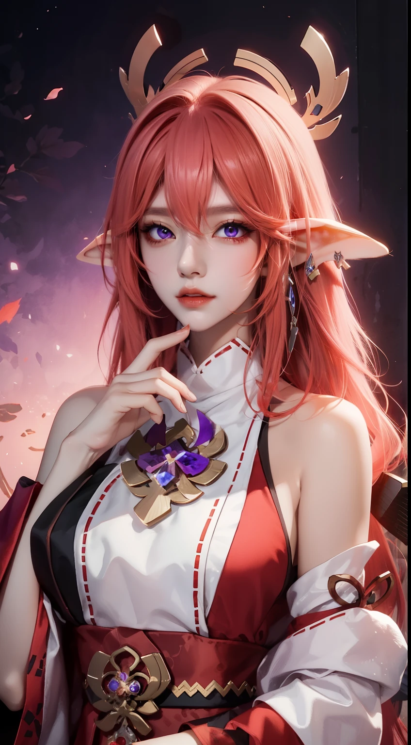 Girl with long hair and elf ears in red dress, purple wings on back,Gurwitz, Anime style 4K, 八重巫女Genshin冲击, Popular topics on cgstation, anime art wallpaper 8k, 《Genshin》Keqing in, Guweiz in Pixiv ArtStation, Anime fantasy artwork, 2. 5d cgi anime fantasy artwork, Anime Art Wallpaper 4 Red Hair,headgear,purple eyes,huge