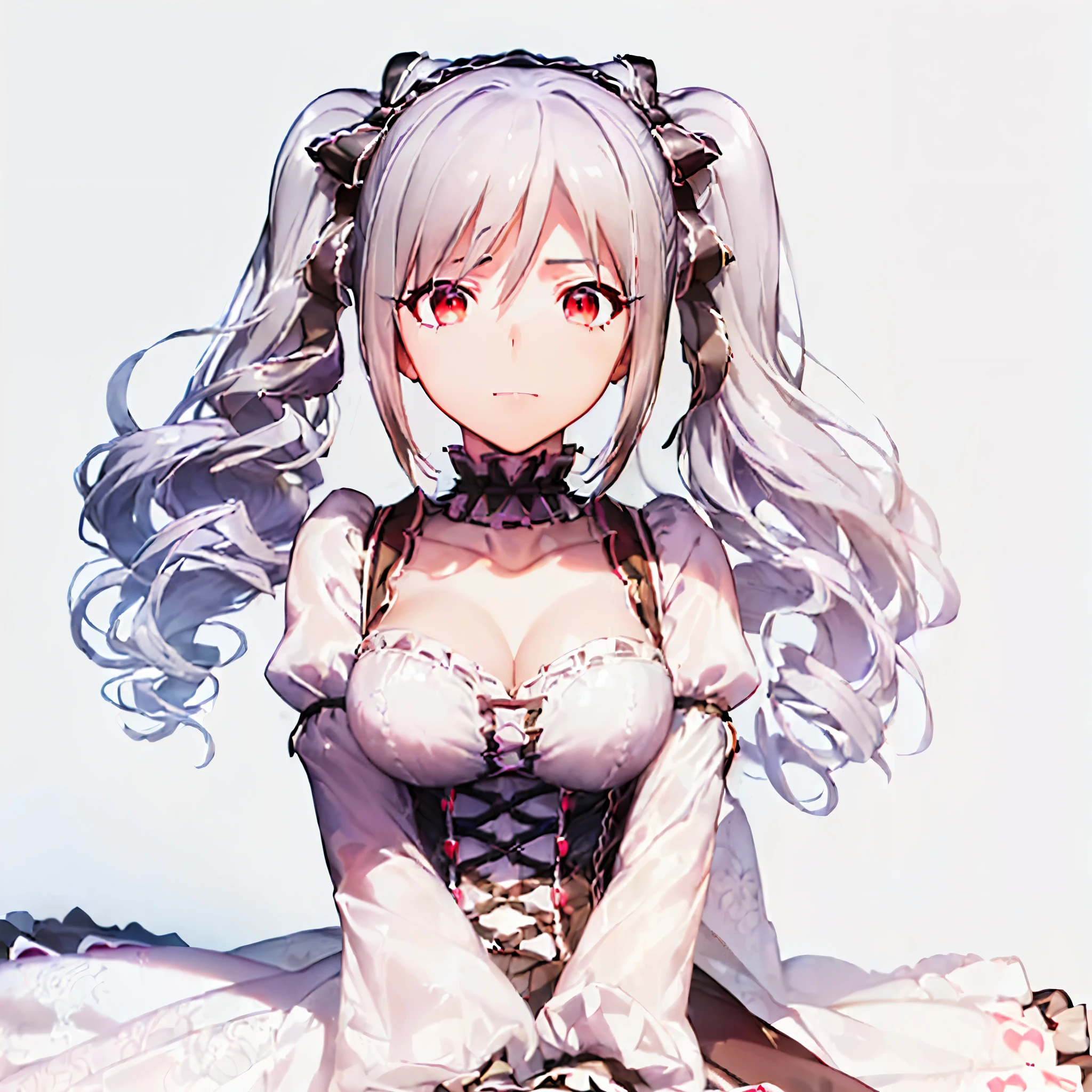 ((kanzaki_ranko_idolmastercinderellagirls)),(white hair),(red eyes),(((ufotable screen cap))),(((masterpiece))),((gothic lolita)),albino,anime,((hi-res)),((dress)),(smugface),(smug),(black ribbons),((gothic background)),mature female, ((official art))