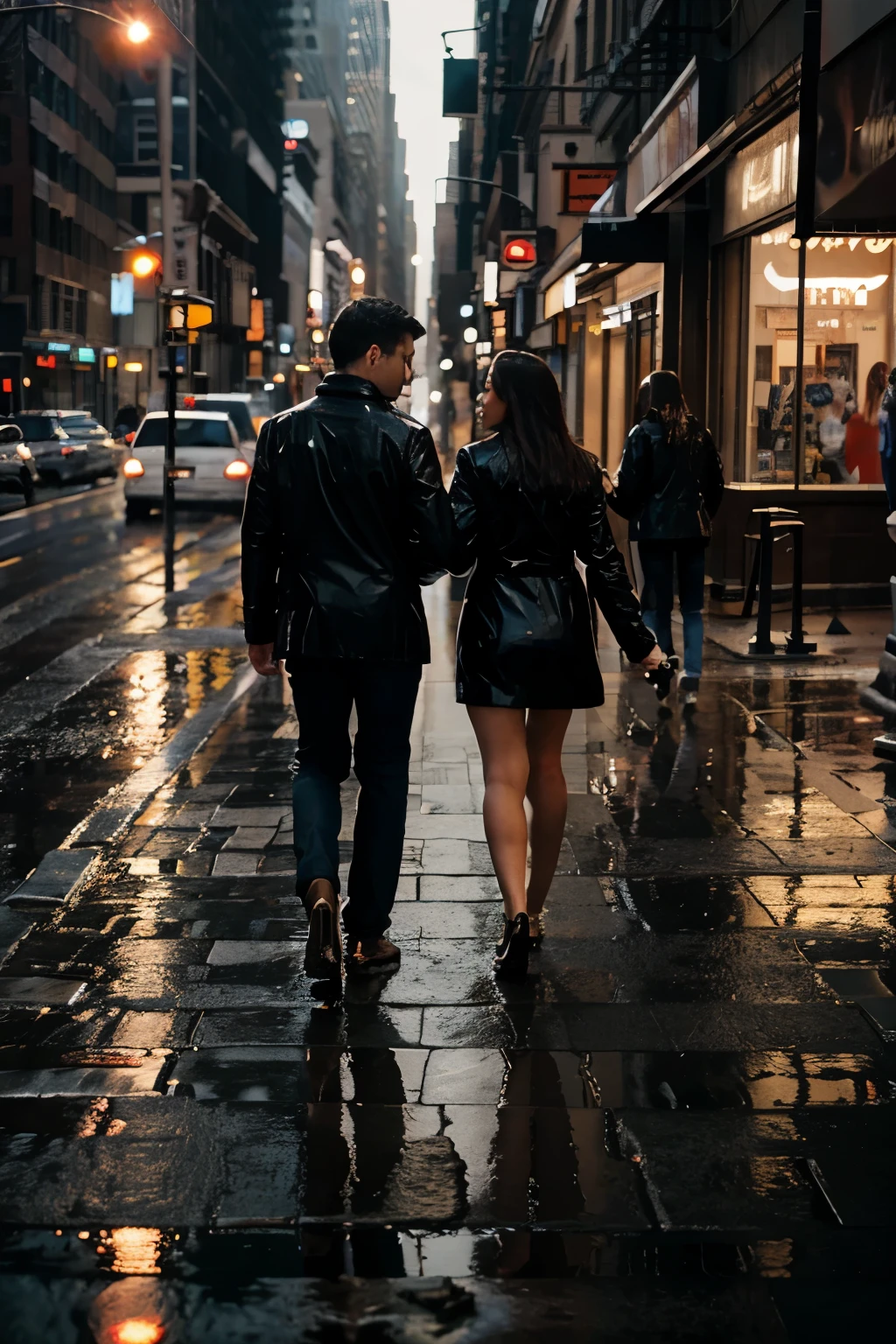 create a romantic scene of the lovers are walking to meet each other at New York City with beautiful city scapes and the roads are wet with building and lights reflection, UHD in 16:9 format