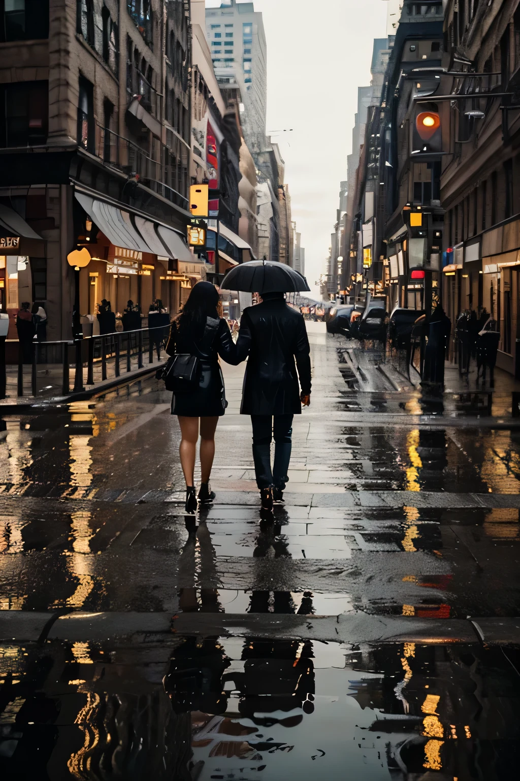 create a romantic scene of the lovers are walking to meet each other at New York City with beautiful city scapes and the roads are wet with building and lights reflection, UHD in 16:9 format