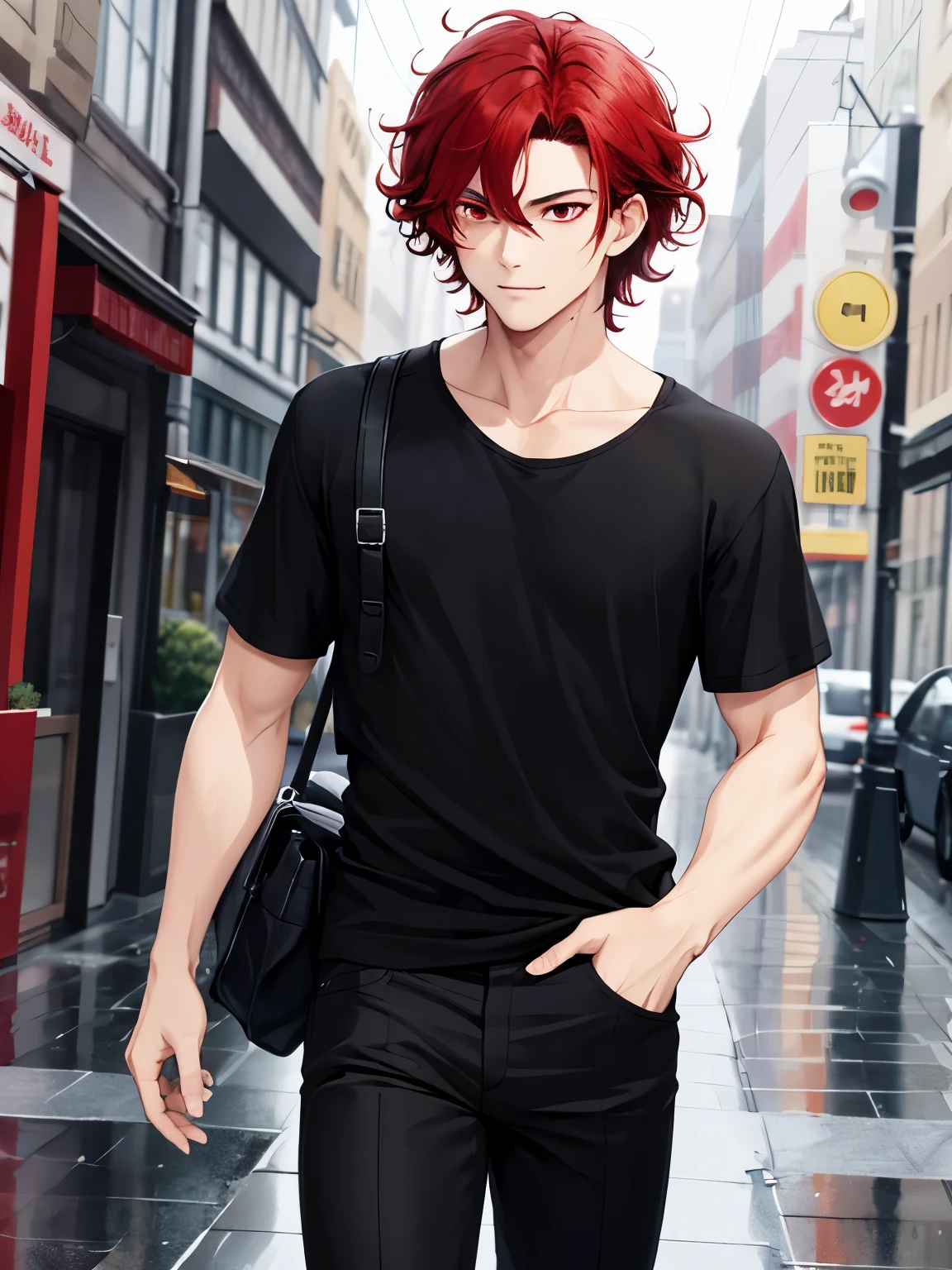 1boy, cool style,Black t-shirt, walk in city,midday,rainy,handsome,Shoulder length hair,curly hair, red hair,black trousers, black shirt, red eyes, vampire