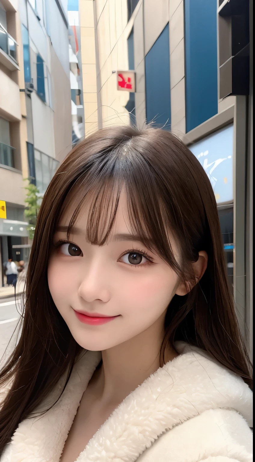 table top, highest quality, shape, Super detailed, finely, High resolution, 8k wallpaper, 完璧なダイナミックな構shape, beautiful and detailed eyes, Tokyo trend winter fashion（dress）, small breasts, natural color lip, random sexy pose,cute smile、20 year old girl、beautiful and detailed face、perfect and beautiful face,Big eyes、Wearing a fluffy black luxury mink coat、beautiful and detailed face、perfect and beautiful double eyelids、blur background、perfect and beautiful face、bright look、straight hair、Raise your chin and look up、Take a picture of a sideways face