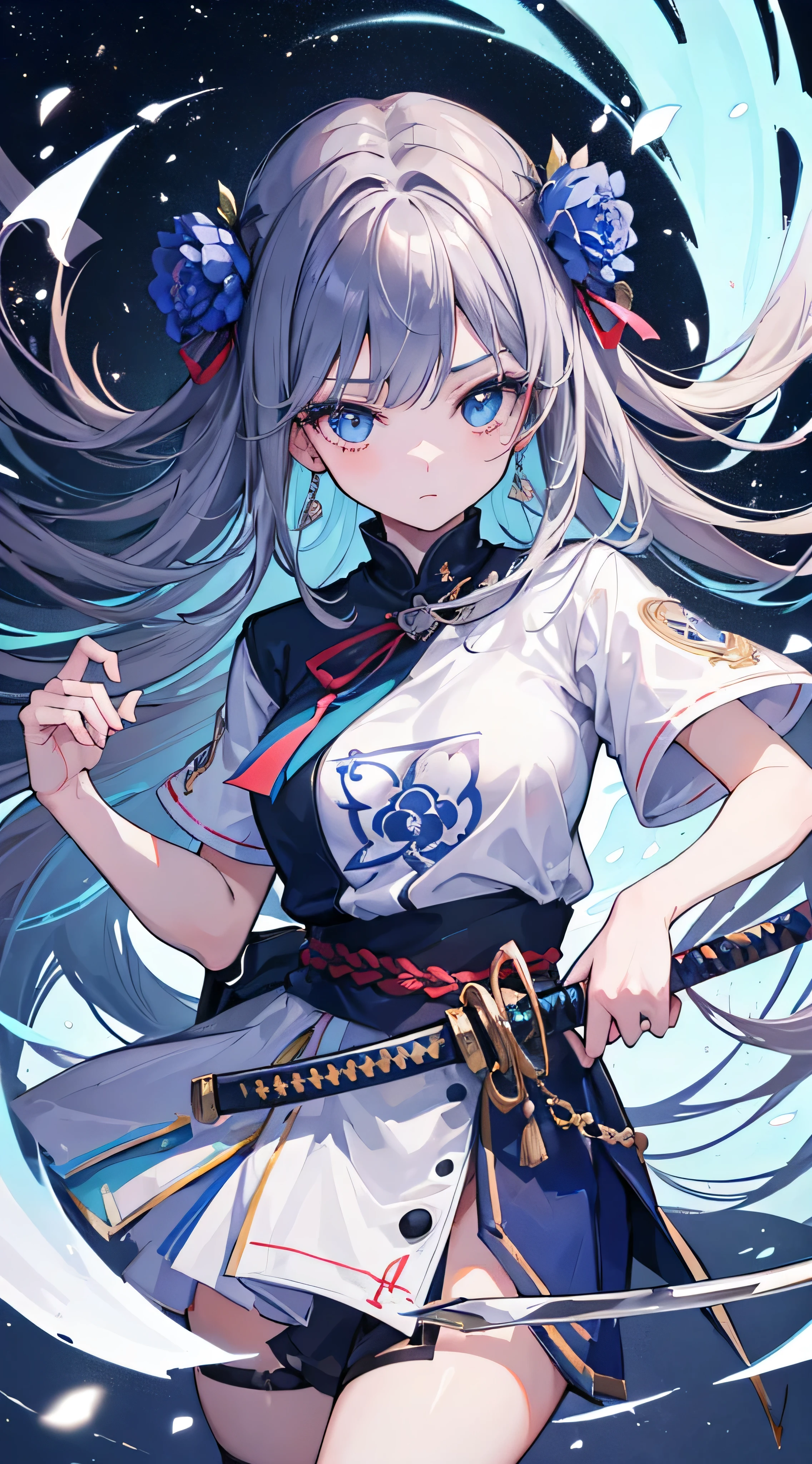 1girl, ultra sharp, maximum quality, masterpiece, 8K, detailed eyes, 1girl, shiroko model, young girl, long hair, multicolor hair, dark grey hair, blue flower hair ornaments, T - shirt, stocking, deep blue eyes, pretty eyes, Katana