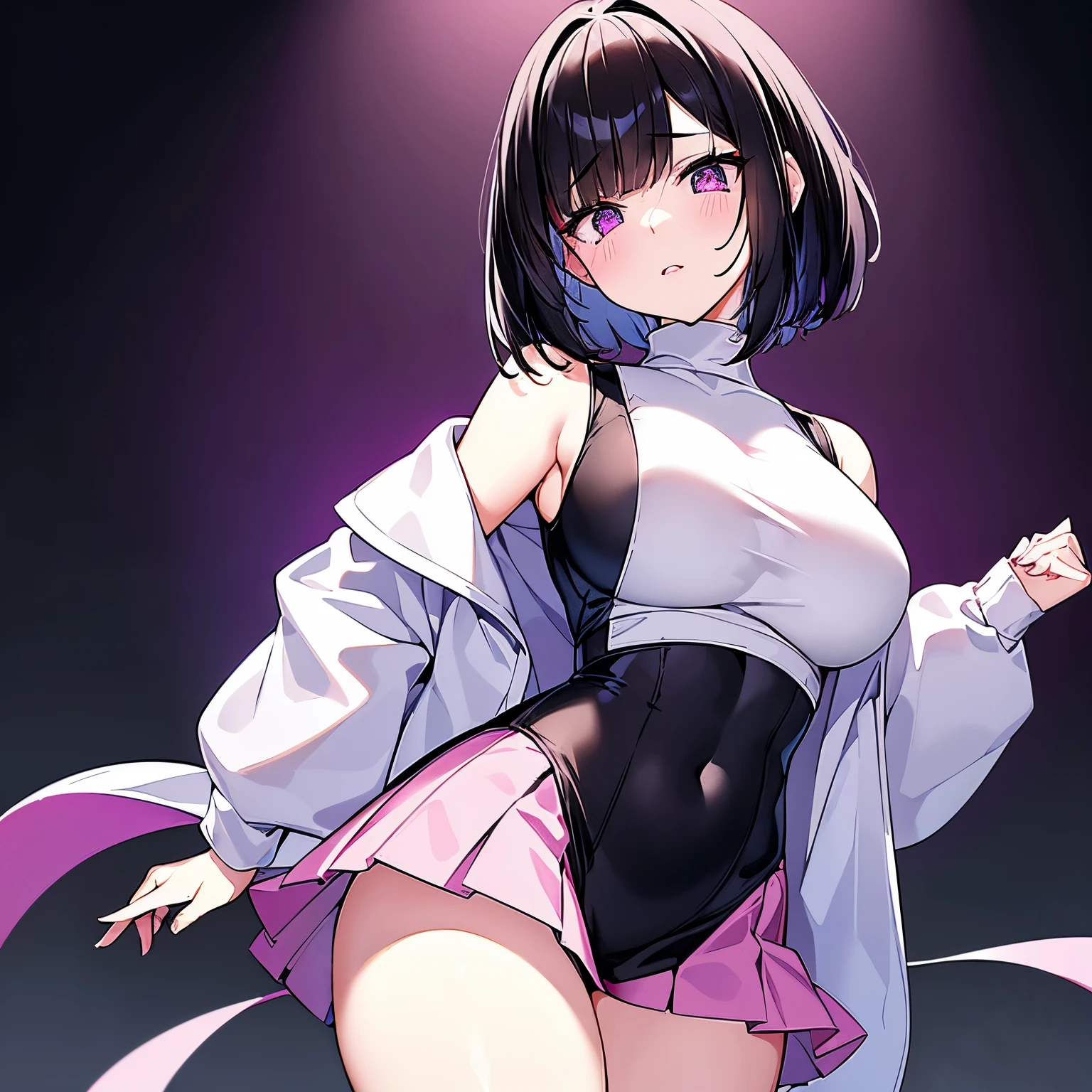 Create an anime girl with short black hair with white locks with bangs covering half of her face with large rounded purple eyes with pink cheeks pink lips sweet face with pale white skin small mouth with a black uniform consisting of a short skirt, a sleeveless shirt with a tight turtleneck that highlights your body, all black