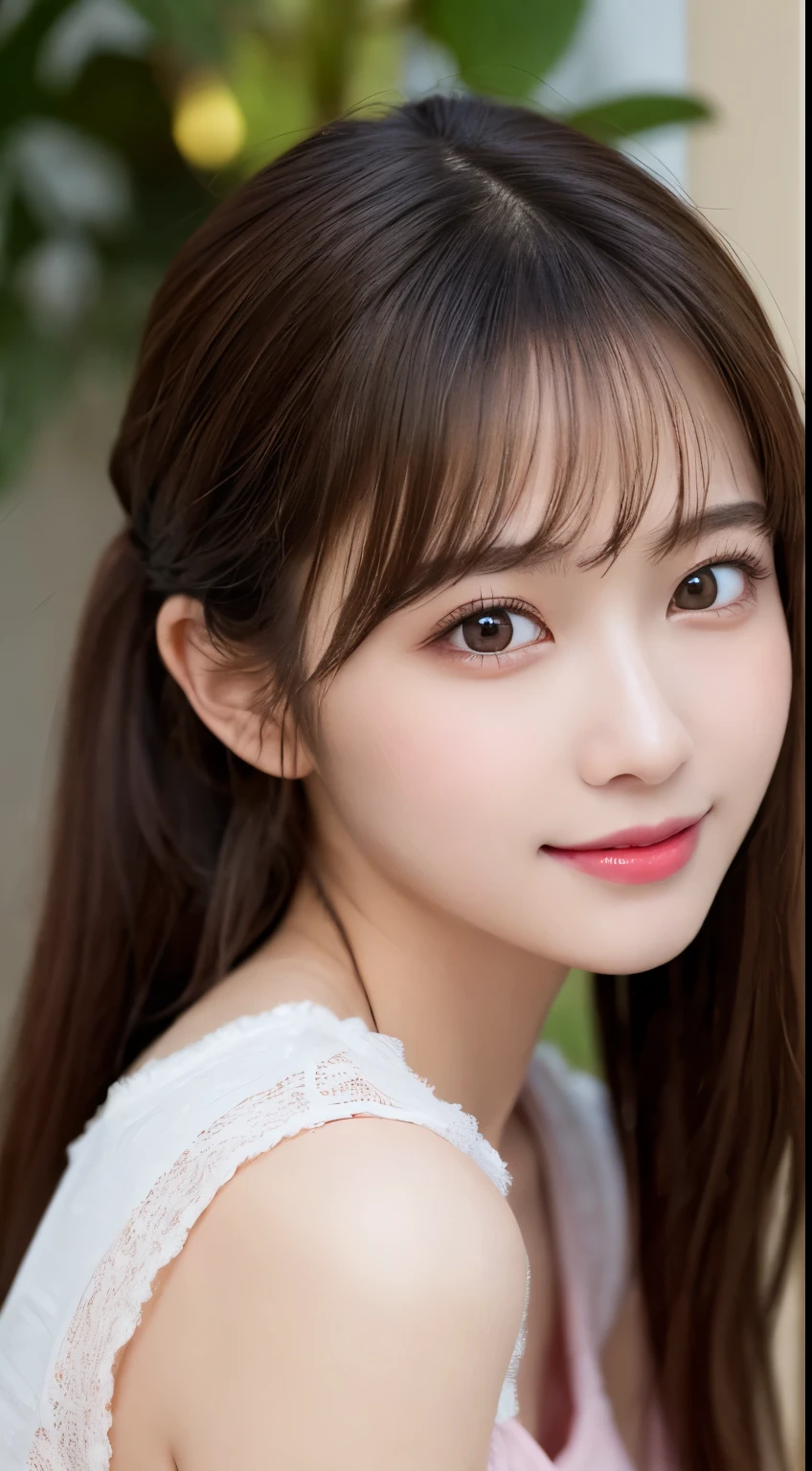 table top, highest quality, shape, Super detailed, finely, High resolution, 8k wallpaper, 完璧なダイナミックな構shape, beautiful and detailed eyes, straight hair, small breasts, natural color lip, random sexy pose,smile,20 year old girl、midnight、美しくdetailed face、perfect and beautiful face,Big eyes、RAW photo、Expressing feminine poses with your whole body、beautiful and detailed eyes、small face、beautiful duplex、slim face and style,pale pink long sleeve dress、beautiful golden ratio face,twin ponytail hair,bright look,Photographed focusing on beautiful legs、 (get closer to the face, enlarge the face, face focus:1.0), break, (masterpiece, highest quality, Super detailed, detailed face, 8k)、real photos、perfect and beautiful face、blur the background、smile