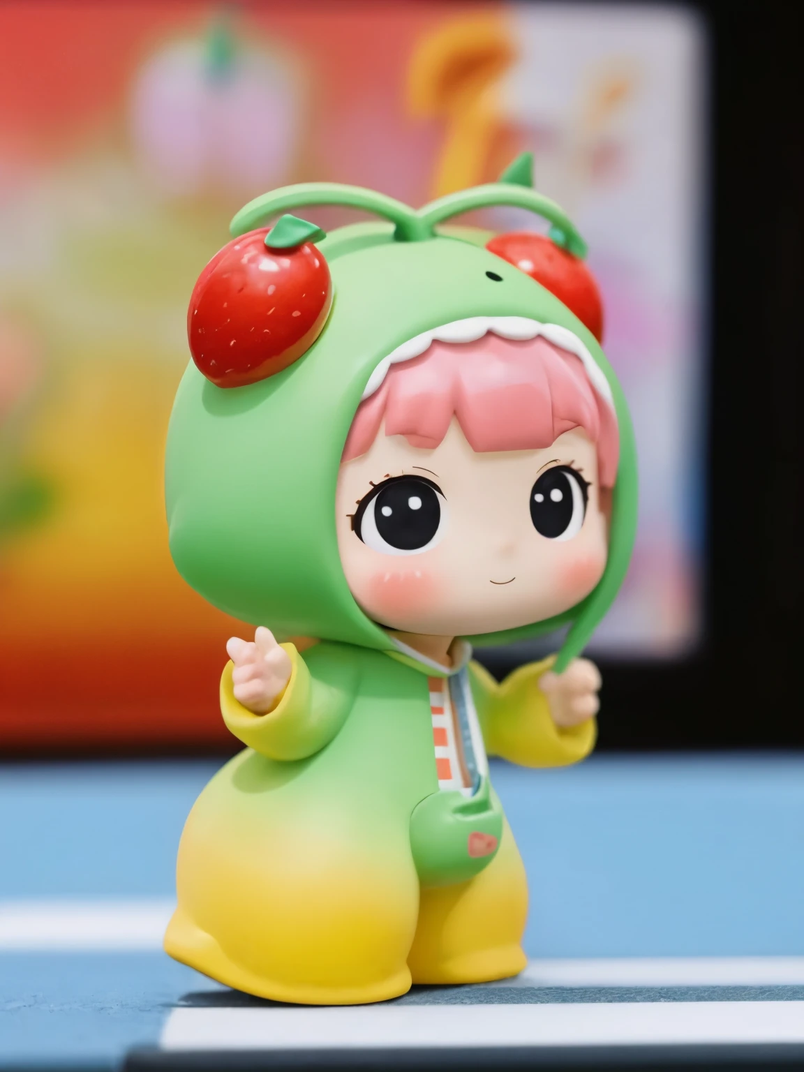 blindbox、Chibi girl acting on stage、wearing a cute fruit costume、Action with a smile、shout、Take a photo from the side