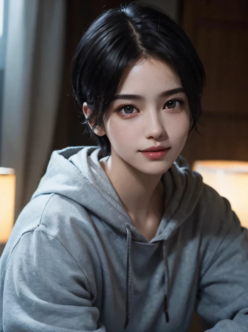 ((masterpiece、highest quality、Super detailed、High resolution、realistic、sharp focus、cinematic lighting))、(1 girl)、bust shot、(black hair、boyish short hair、high top fade、all back)、beautiful face、beautiful hairstyle、symmetrical eyes、beautiful eyes、beautiful skin、smile、attractive appearance、fold your arms、thick hoodie、view audience