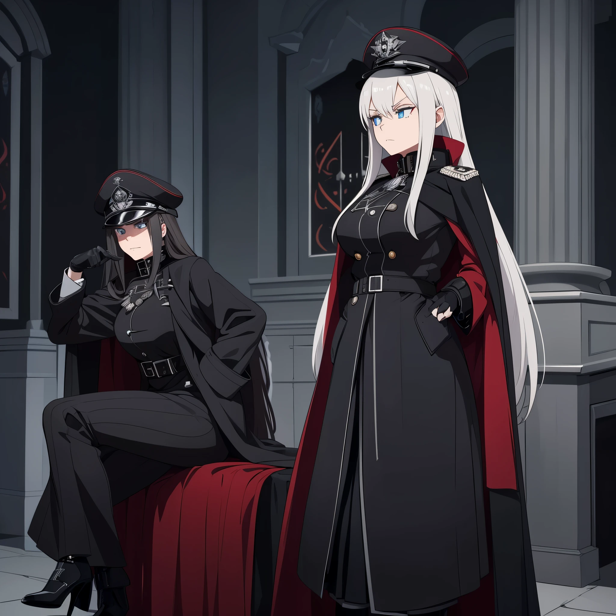 A woman, with silver hair with a reddish tone, hair covering her left eye, light blue eyes, wearing a long black gothic coat with a little reddish tone, with iron cross symbols on the silver coat, black officer's hat with dress detail, with iron cross on hat, heels with iron cross detail, in nordic castle at night, serious face.
