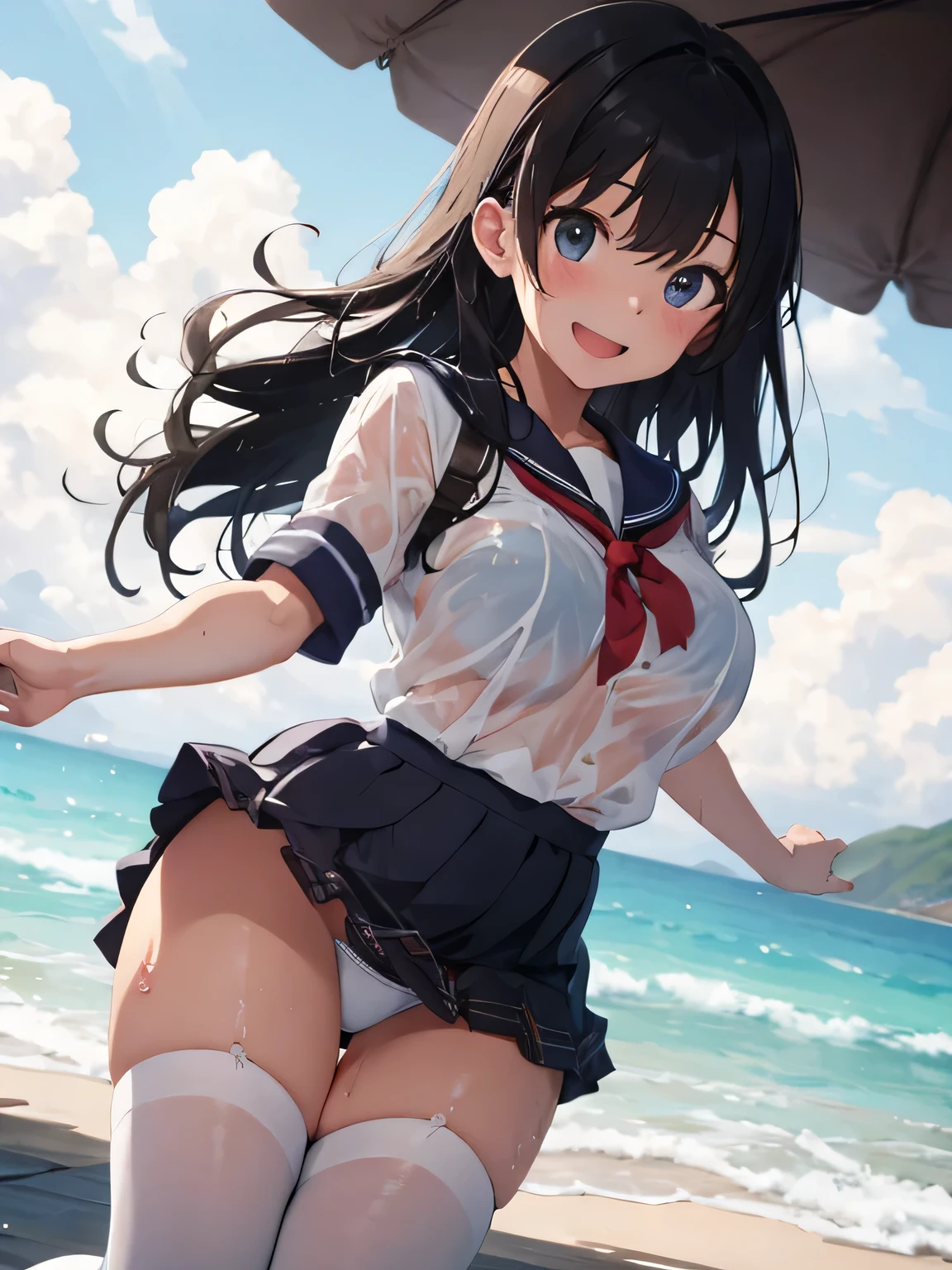 highest quality、High resolution、detailed background、Super detailed、beautiful and detailed face、beautiful and smooth skin、skin texture、professional lighting、Beautiful age girl、(huge breasts:1.1)、cute髪型、sexy sailor suit、Wet白い薄いセーラー服、Wet白い薄いタータンチェック柄のプリーツミニスカート、Thin white knee high socks、sleeveless、emphasize the chest、underboob、legs open、panty shot、cute、Raise your arms and show your sides、Thin white panties、lying on the beach、
全身がWet、My clothes are Wet and transparent、Wet、soak in water、See through、
He looked at me with a happy expression.、sexual expression、panty shot、camel toe