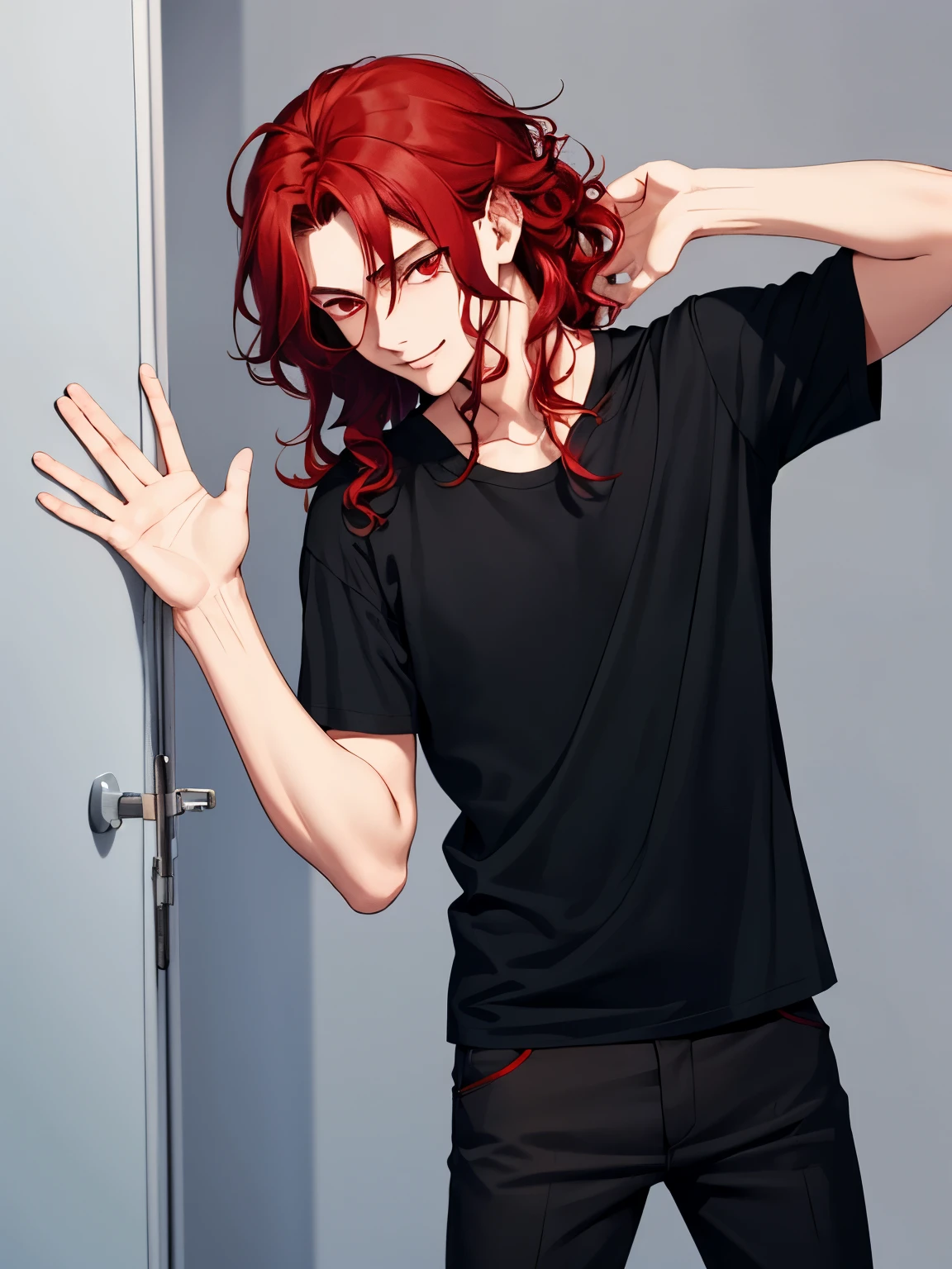 1boy, cool style,Black t-shirt, Hand waving,Facing right, look away, camera angle from the side,thin smile,handsome,Shoulder length hair,curly hair, red hair,black trousers, black shirt, red eyes, vampire
