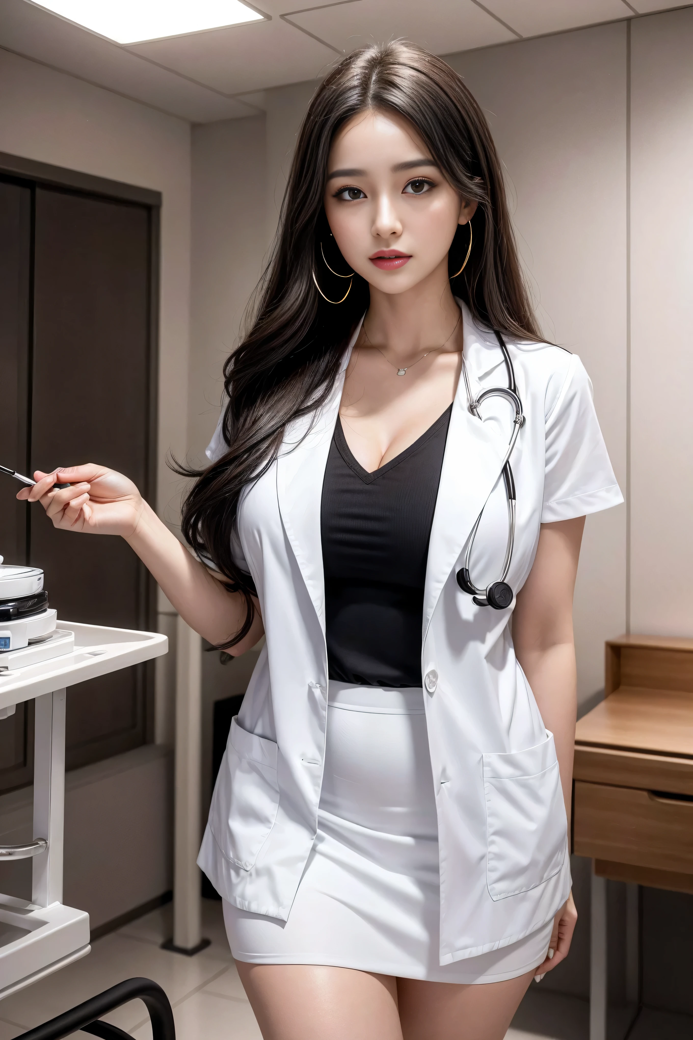 Realistic beauty doctor、Astonishingly beautiful、doctor white coat, collared shirt、(top quality、8k、32k、masterpiece、north african trade zone:1.3)、ultra high resolution,(realism:1.4),original photography, Detailed face,,beautiful hair, ((Doctor style)),,((Leg length)), (Thigh clearance:1.5), , Black slim skirt、 natural makeup,, plump big breasts、Inside the hospital, Detailed background, perfect lighting, depth of field, beautiful shadow gradient,stethoscope ,