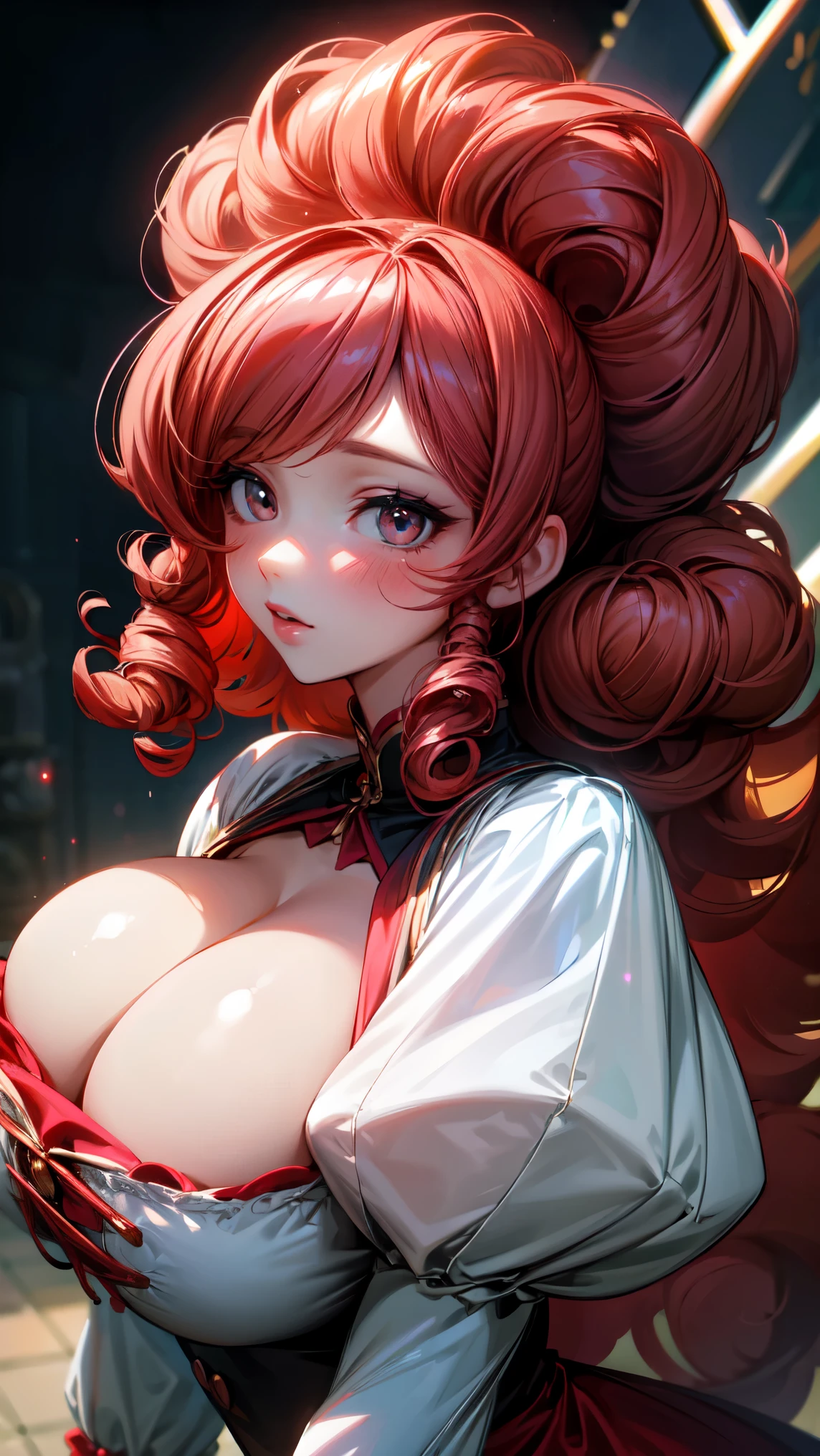 (masterpiece, best quality, ultra high res, beautiful detailed hair detailed face, perfect feminine face), cute anime girl in blouse wearing, puffy sleeves, huge cleavage, red curly hair, black eyes, almond-shape eyes, big red lips, flushed, blushed, light particle, sparkling particle