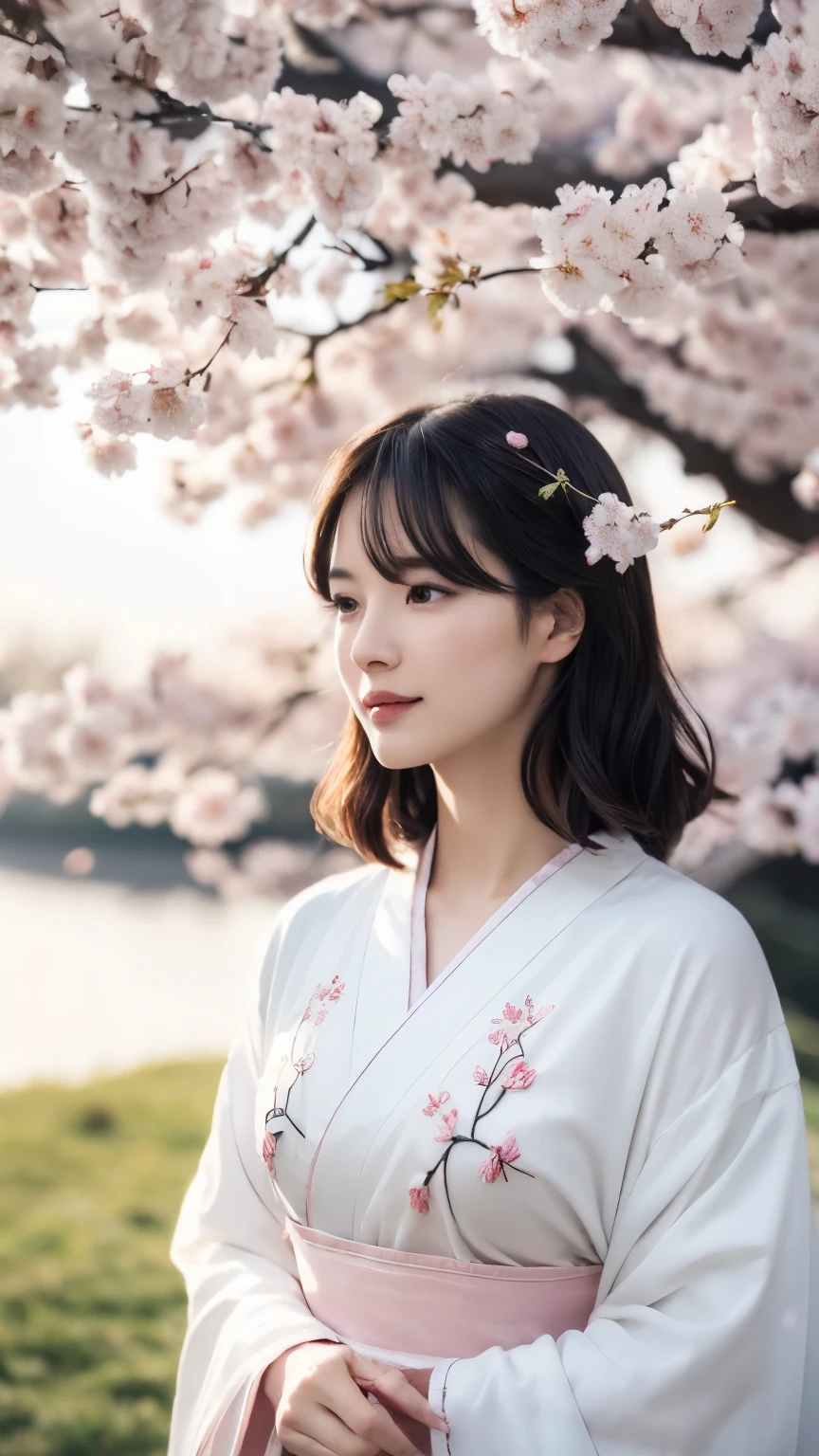 (logo、masterpiece、8k、table top、RAW photo、wonderful、最high quality、Photorealistic and hvery detailed CG integrated 8k wallpaper、high quality、very detailed、narrative poem、particle effects、dynamic effects、Depth of the bounds written、cinematic light、Lens flare、ray tracing)、fantasy、 (1 beautiful woman、white kimono、Japan Dresses、white cherry blossom pattern、White cherry blossom embroidery pattern、black haired、beautiful face、real face、beautiful details eyes beautiful skin)、Hair flutters in Wind、hair bounces、pink cherry tree、petals dance、SakuraFubuki、Spectacular view、sunrise、sun on background、Wind、god々、tooth、god話、vast land