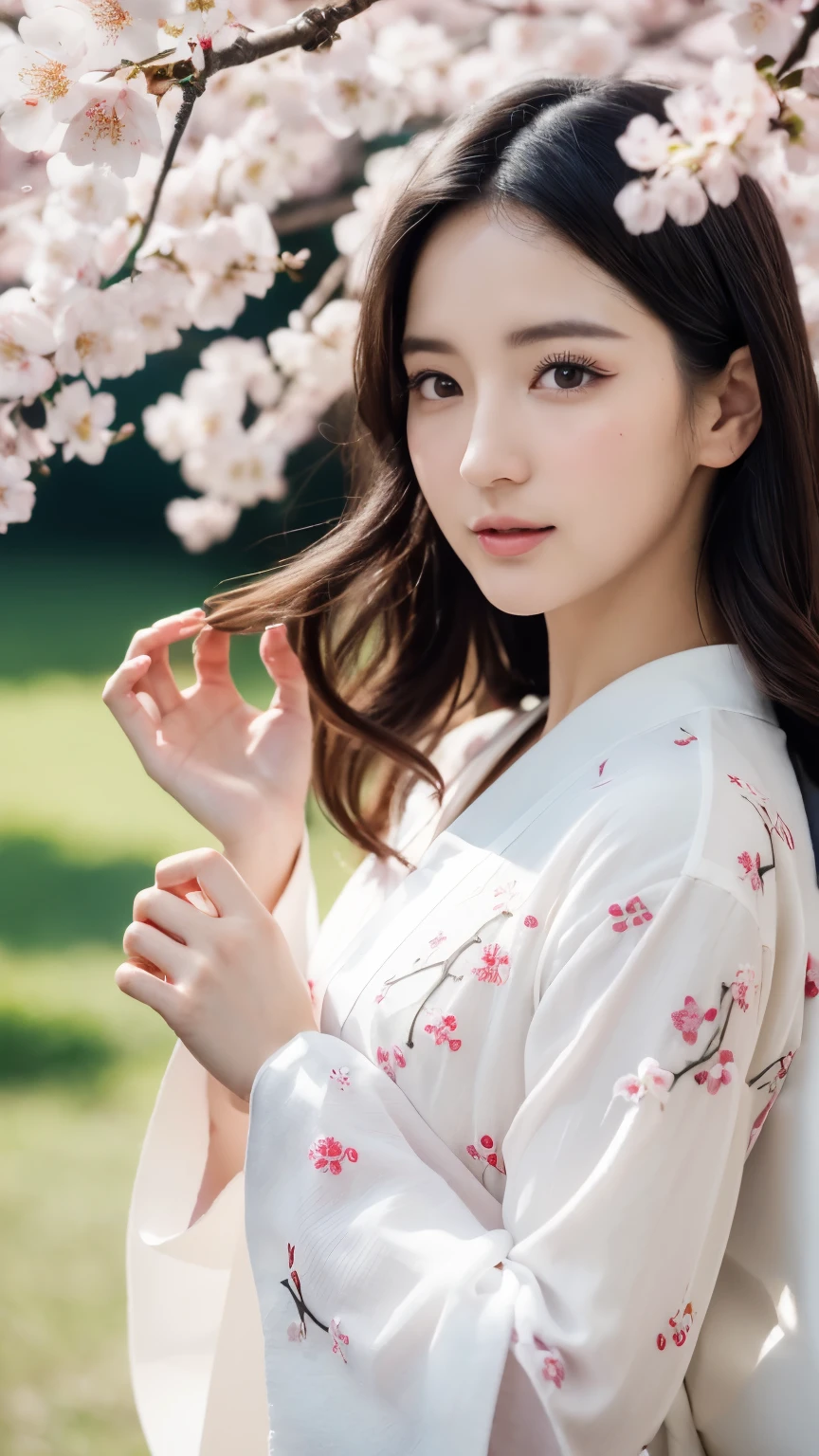 (logo、masterpiece、8k、table top、RAW photo、wonderful、最high quality、Photorealistic and hvery detailed CG integrated 8k wallpaper、high quality、very detailed、narrative poem、particle effects、dynamic effects、Depth of the bounds written、cinematic light、Lens flare、ray tracing)、fantasy、 (1 beautiful woman、white kimono、Japan Dresses、white cherry blossom pattern、White cherry blossom embroidery pattern、black haired、beautiful face、real face、beautiful details eyes beautiful skin)、Hair flutters in Wind、hair bounces、pink cherry tree、petals dance、SakuraFubuki、Spectacular view、sunrise、sun on background、Wind、god々、tooth、god話、vast land