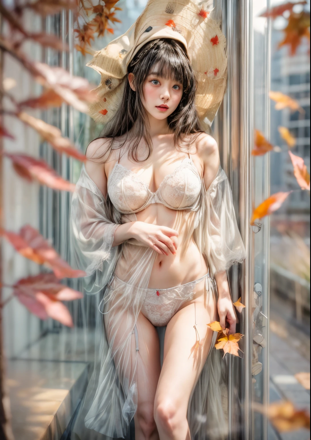 masterpiece、highest quality、cinema、(Details of both eyes)、(cute japanese woman、bangs:1.3)、23 years old、1 girl、elegant、black hair、cyber punk、van gogh style、(auraroid photo:1.4)、(lingerie、outdoors、Fallen leaves:1.4)、autumn