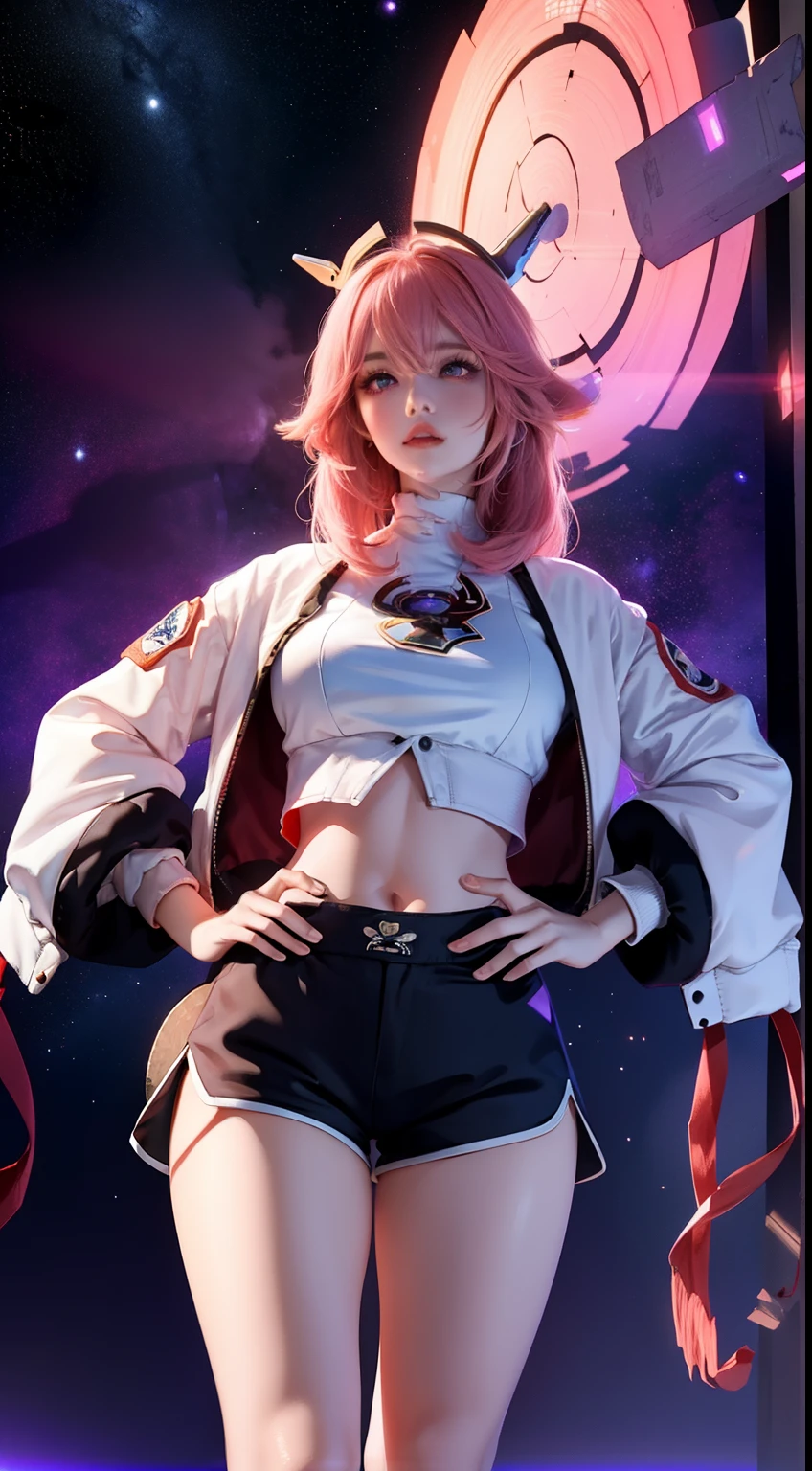 (The original), (masterpiece) , (best quality), (Reality),lifelike, octane rendering, (surreal:1.1), Complete functions,1 girl, rich and colorful,pink hair,headgear， (Glowing inner hair),perfect appearance,([purple eyes | purple eyes]:1.15),rich and colorful 长发,(lace shorts),(Bomber Jacket:1.25),(Mechanical shoes),(bend over:1.4),(from below:1.05),looking at the audience,(Cowboy shooting:1.45),cosmic eye，space eye，Surround yourself with the nature of the waterfall,crop top,(Place your hands behind your hips:1.2)，huge ，Finger correct（physiological anatomy）