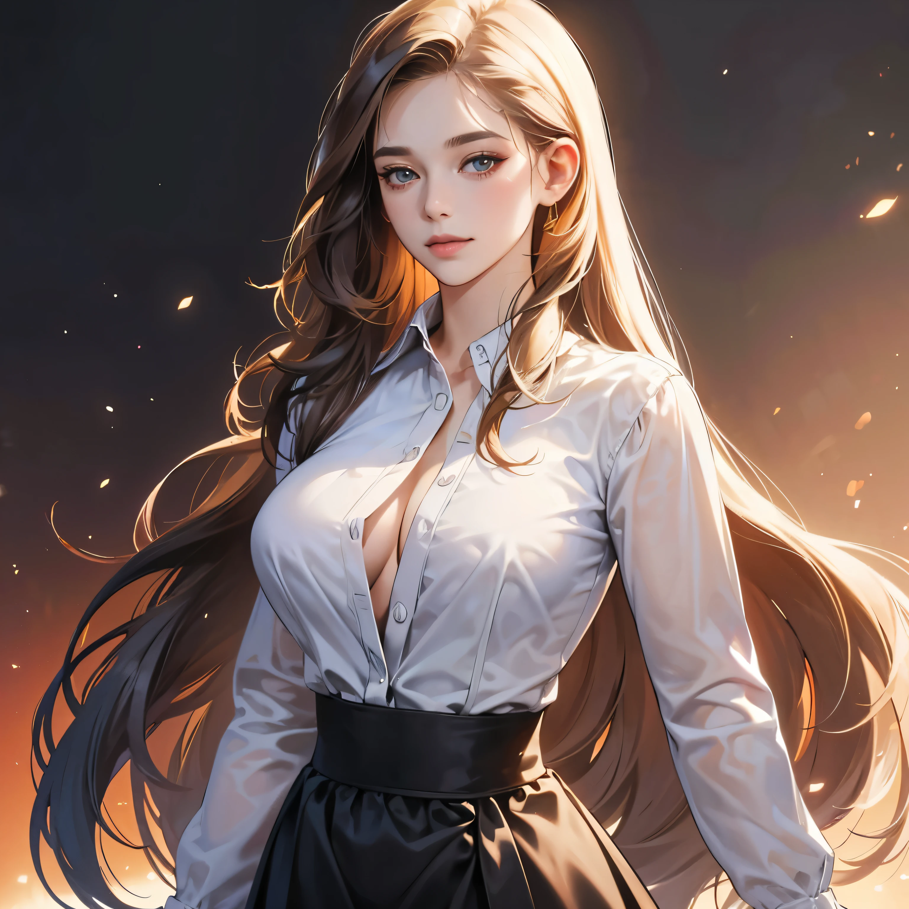 (best quality,4k,8k,highres,masterpiece:1.2),ultra-detailed,(realistic,photorealistic,photo-realistic:1.37),portrait,intelligent looking woman,elegant,calm expression,hint of smile,deep,expressive eyes,rosy cheeks,graceful posture,wearing a plain shirt,highlighting her natural beauty,medium breasted and mature,her long hair flows down to her slender waist, wearing a long skirt,adding a touch of elegance and sophistication, sexy, unbuttoned shirt, big breast