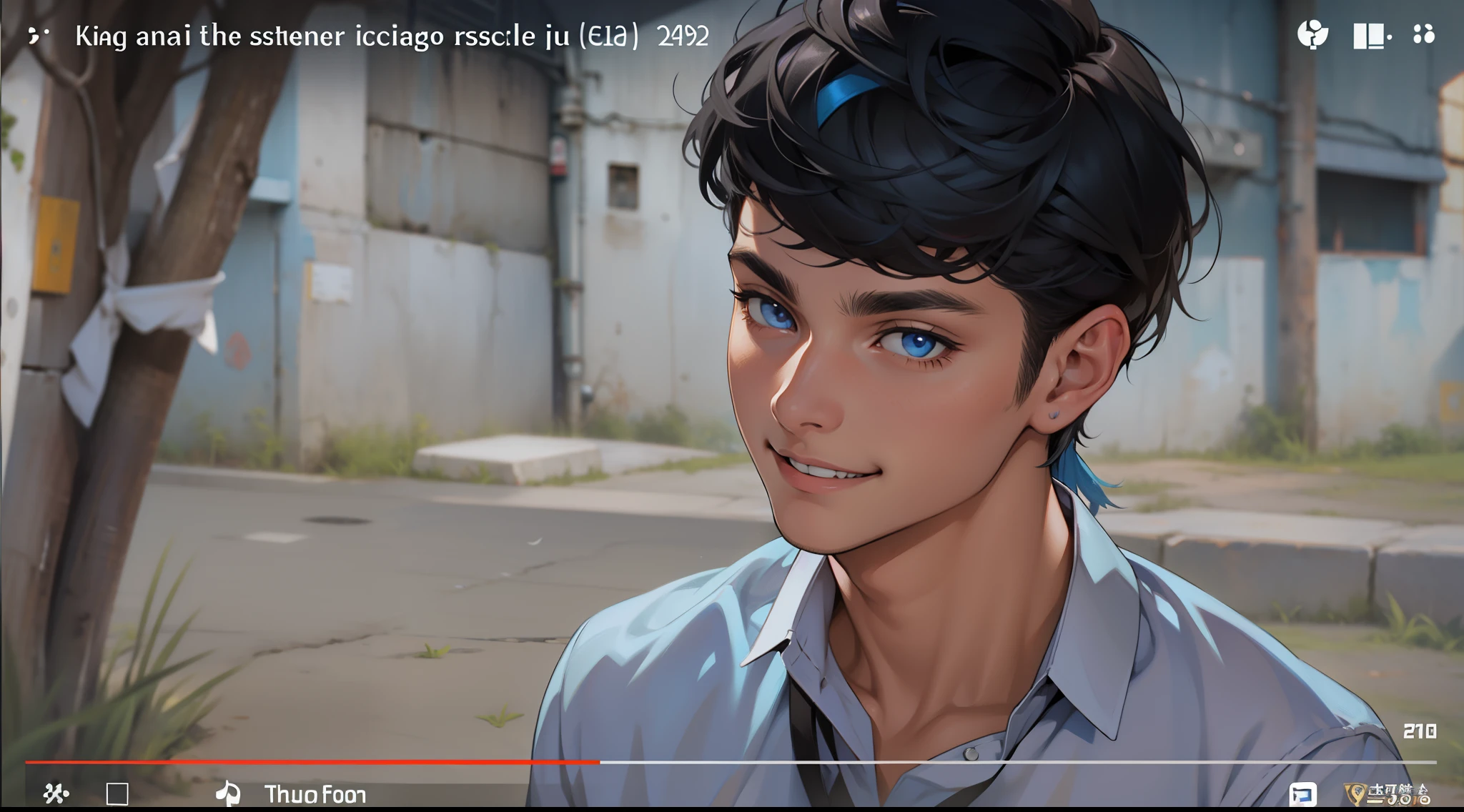 hay un chico de cabello plateado ojos plateados esta sentado sonrriendo al escuchar algo que no cree su ropa es de color azul