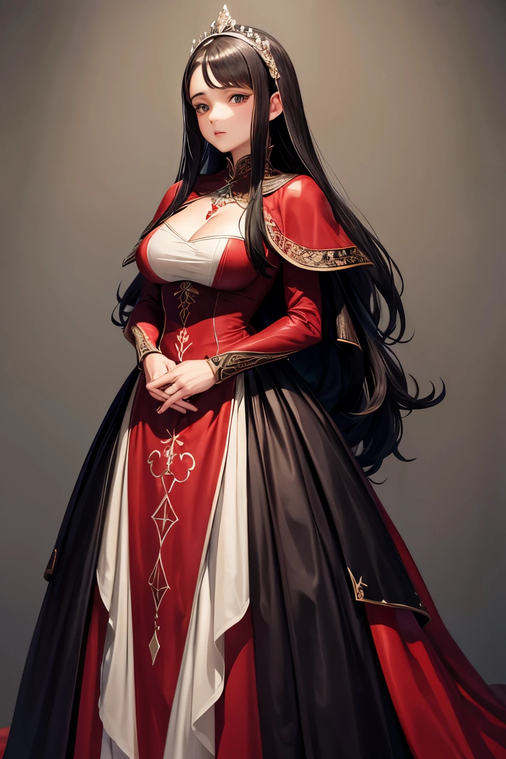 jaqueta de pele longa em preto, um vestido medieval em brancoe vermelho, de saia super volumosa, saia princesa rodada, gola alta, that covers the body from neck to toe, Covered neck