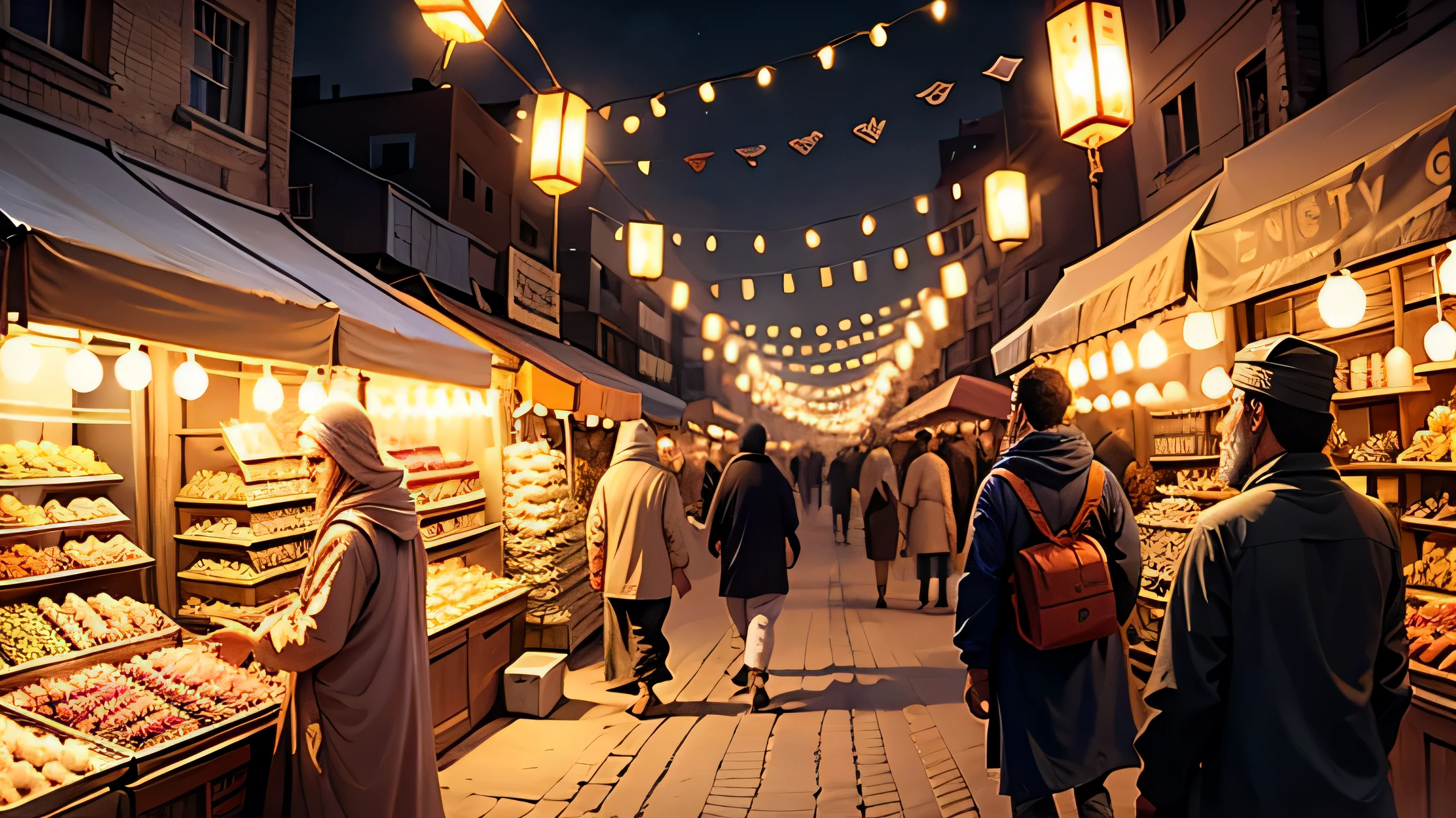 Ramadan outdoor scene，No one is close，Lively street market，There are Ramadan lanterns in the scene