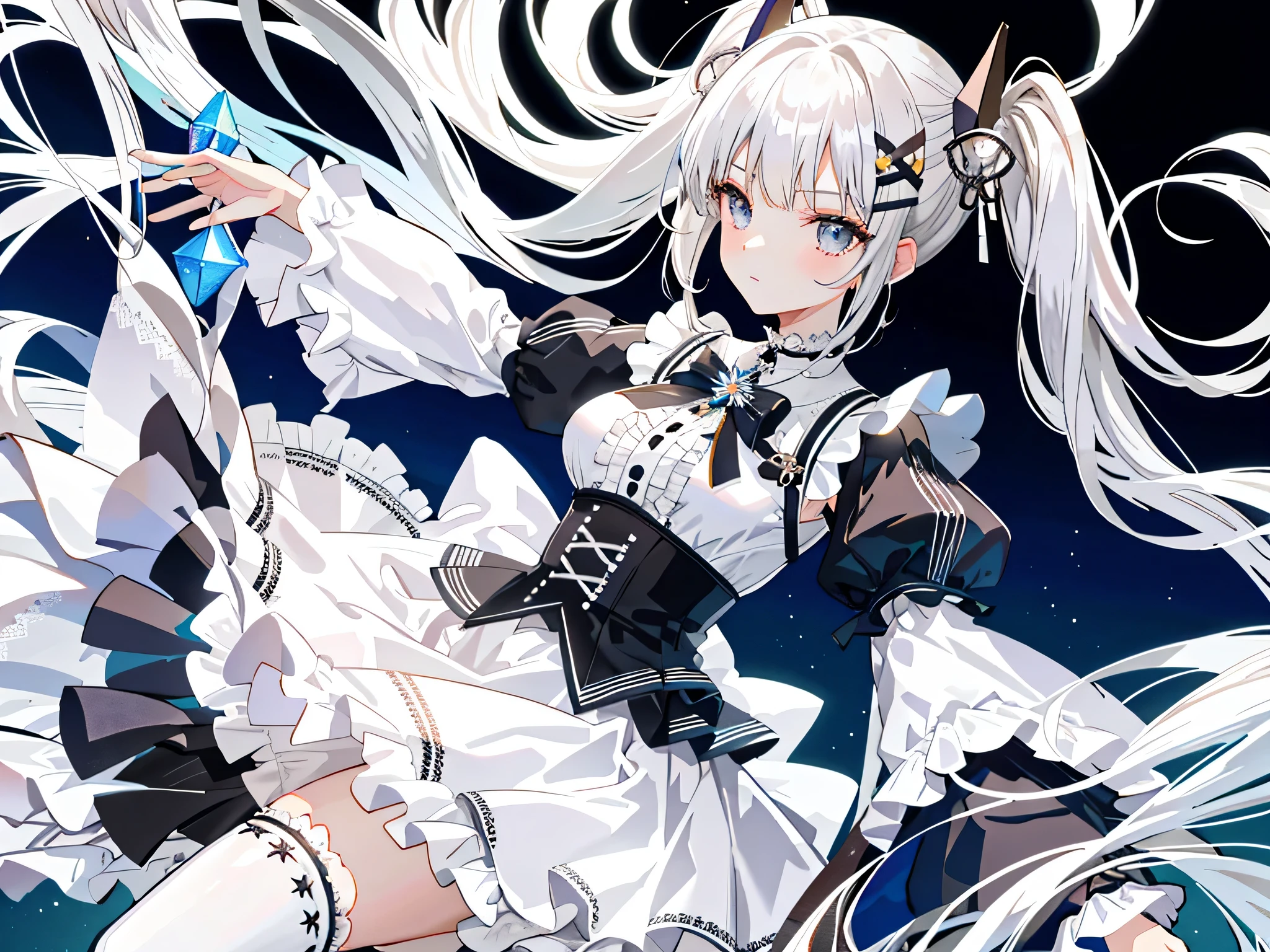(masterpiece), best quality, high resolution, extremely detailed, 1girl, twintail hair, silver hair, crossed bangs, silver eyes, medium breasts, white shirt, black dress, drastic hair ornaments, skirt, frills, lace rims, frilled sleeves, frilled skirt, thighhigh, white background