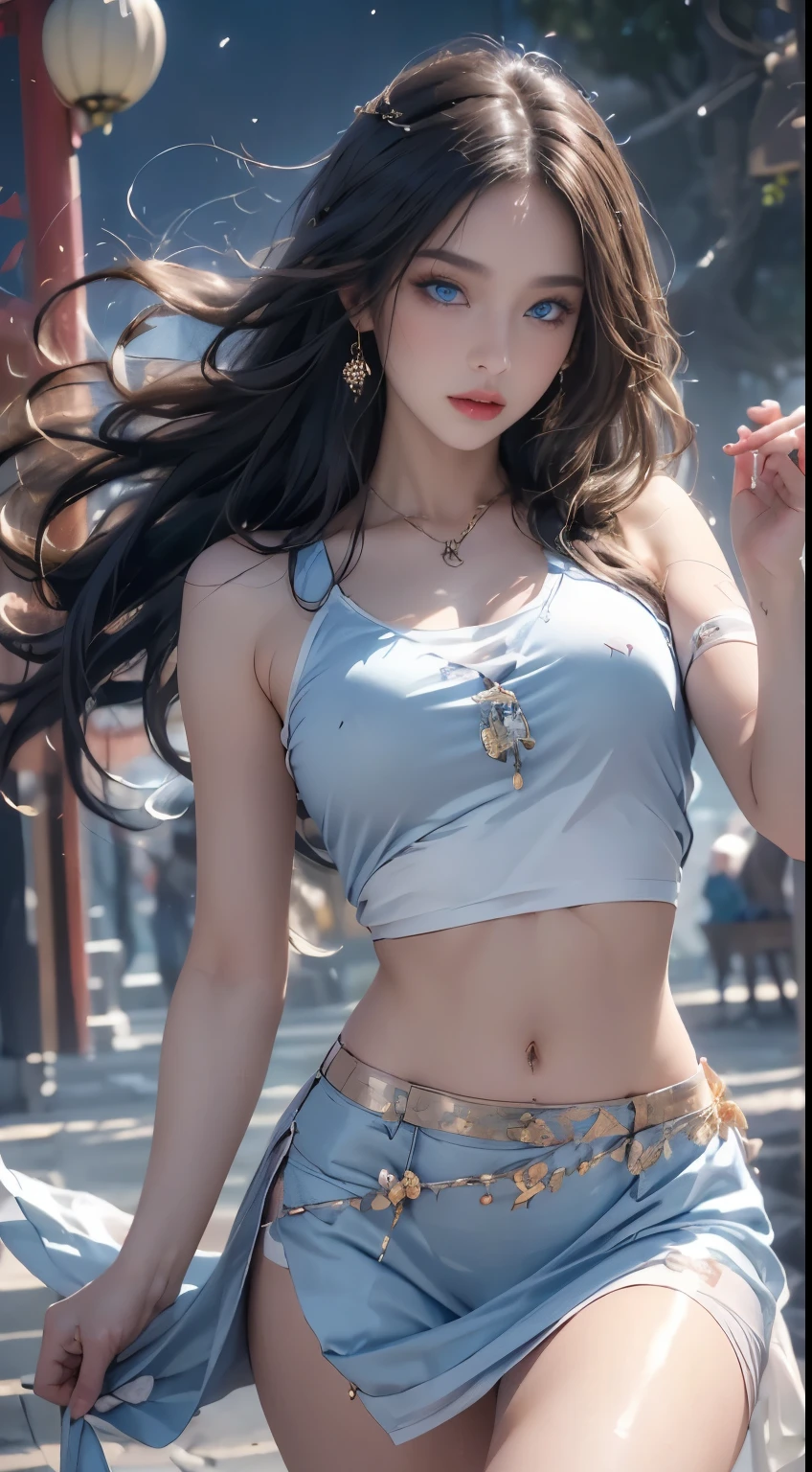 (RAW photos, best quality), (realistic, Photo Realism: 1.3), Extremely Refined and Beautiful, Amazing, Fine Detail, Masterpiece, Ultra Detail, High Resolution, (Best Illustration), (Best Shadow), Intricate, (in a crimson gold Chinese dragon, surrounded by gold dust, black flowers, trees, petals, wind, God, long wavy body, fangs, fantasy, mythology, high quality, highly detailed, masterpiece, epic, particle effects, dynamic effects, (Dragon: 1.4 in front of), clouds, storms, mountains, sunsets, clear focus, volumetric fog, 8k Ultra HD, DSLR, High quality, (Film grain: 1.4), Fujifilm XT3,Official Art, Unity 8K wallpaper, Ultra detailed, Beautiful and beautiful, Best quality, (Zen entanglement, tangled, entangled), (fractal art: 1.4), 1 girl, brunette hair, Chinese, bare shoulders, short skirt, calf, navel, very detailed, dynamic angle, denim lens, (most beautiful chaotic shape), flow, (bright colors), OC, (half: 1.2), china, (tape: 1.3), (Dream: 1.5), (Hanfu: 1.5), Chinese Dragon, (Smile: 0.5), (Chinese God), Realistic, Ultra High Resolution, Complex, Ultra Detailed, (Skin Dents), Female, Detailed Body, (Detailed Face: 1.1), (Contoured Iris), (Watercolor Lenses), (Perfect Eyes), 4K, Gorgeous, (Masterpiece: 1.2), (Best Quality: 1.2), Wide Buttocks, Thick Thighs, (Big Tits: 1.2) and (Big Tits: 1.2), Debauchery, Seductive pose.