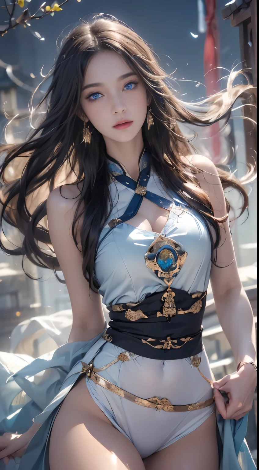(logo, masterpiece, 8k, table top, RAW photo, wonderful, 最high quality, Photorealistic and hvery detailed CG integrated 8k wallpaper, high quality, very detailed, Narrative poem, particle effects, dynamic effects, written boundary depth, cinematic light, Lens flare, ray tracing)), fantasy, ((1 beautiful woman, clear blue eyes, 赤いlong hair, beautiful face, real face, beautiful detailed eyes, beautiful skin, woman dancing gracefully:1.7, woman dancing gracefully:1.7)), long hairがWindでなびく, long hairが跳ねる, long hairがWindで踊る, hair jump, jewelry, tattoo, Hanfu, chinese fairy, taoist uniform, ((night, Wind, darkness, moon light, full moon, night空, Wind, cherry blossoms, cherry blossomsの花びらが舞っている, cherry blossoms吹雪, falling petals, flying petals)), hip up, beautiful eyes, long hair, ring-shaped eyes,