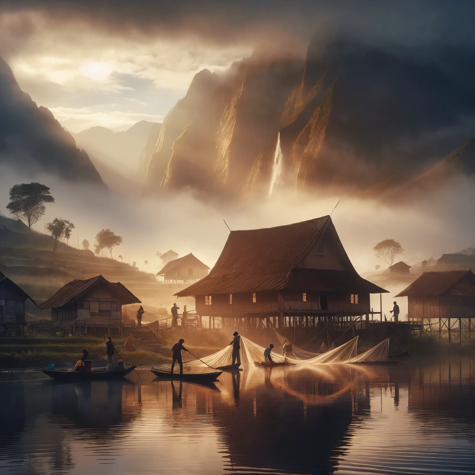 a traditional Minangkabau house located on the edge of a lake with dramatic light mist in the morning, several fishermen are throwing their nets, children are walking to school. background of a super high mountain whose peak cannot be seen, ultra realistic, cinematic, 32K, UHD