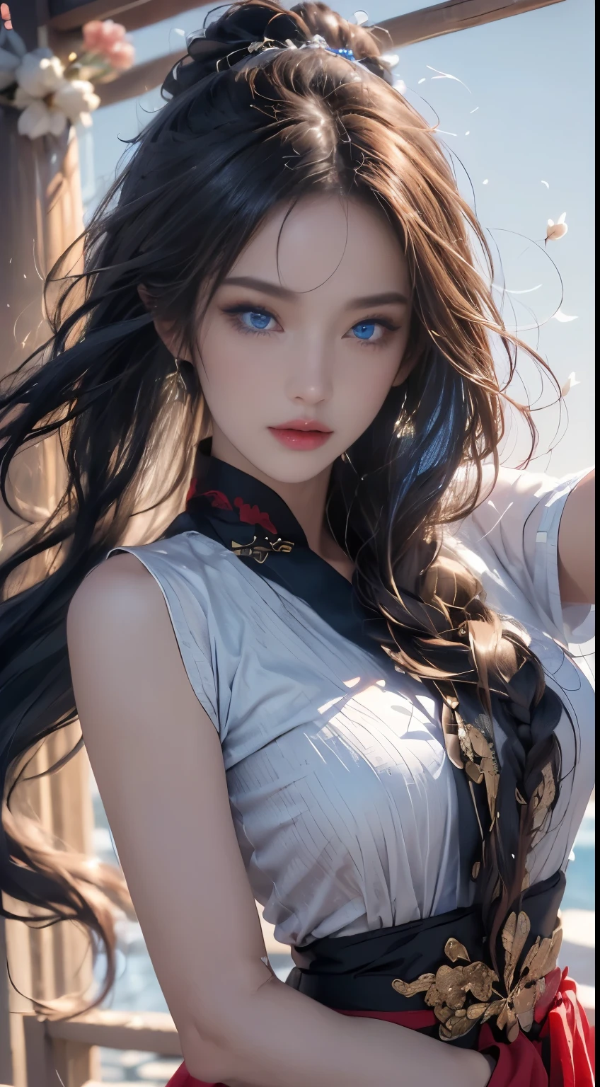 (logo, masterpiece, 8k, table top, RAW photo, wonderful, 最high quality, Photorealistic and hvery detailed CG integrated 8k wallpaper, high quality, very detailed, Narrative poem, particle effects, dynamic effects, written boundary depth, cinematic light, Lens flare, ray tracing)), fantasy, ((1 beautiful woman, clear blue eyes, 赤いlong hair, beautiful face, real face, beautiful detailed eyes, beautiful skin, woman dancing gracefully:1.7, woman dancing gracefully:1.7)), long hairがWindでなびく, long hairが跳ねる, long hairがWindで踊る, hair jump, jewelry, tattoo, Hanfu, chinese fairy, taoist uniform, ((night, Wind, darkness, moon light, full moon, night空, Wind, cherry blossoms, cherry blossomsの花びらが舞っている, cherry blossoms吹雪, falling petals, flying petals)), hip up, beautiful eyes, long hair, ring-shaped eyes