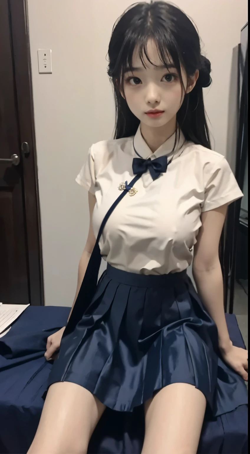 8K, RAW photos, Best quality, Masterpiece: 1.2),(best qualtiy，8K, Yes，32K，masterpiece，hyper HD：1.2) , 20 years old,, arafed asian woman sitting on a couch wearing a white shirt and blue skirt, korean girl, a hyperrealistic schoolgirl, hyperrealistic schoolgirl, realistic schoolgirl, school girl, cute schoolgirl, wearing school uniform, taken with canon 5d mk4, jaeyeon nam, wearing a school uniform, taken with canon eos 5 d mark iv, girl wearing uniform