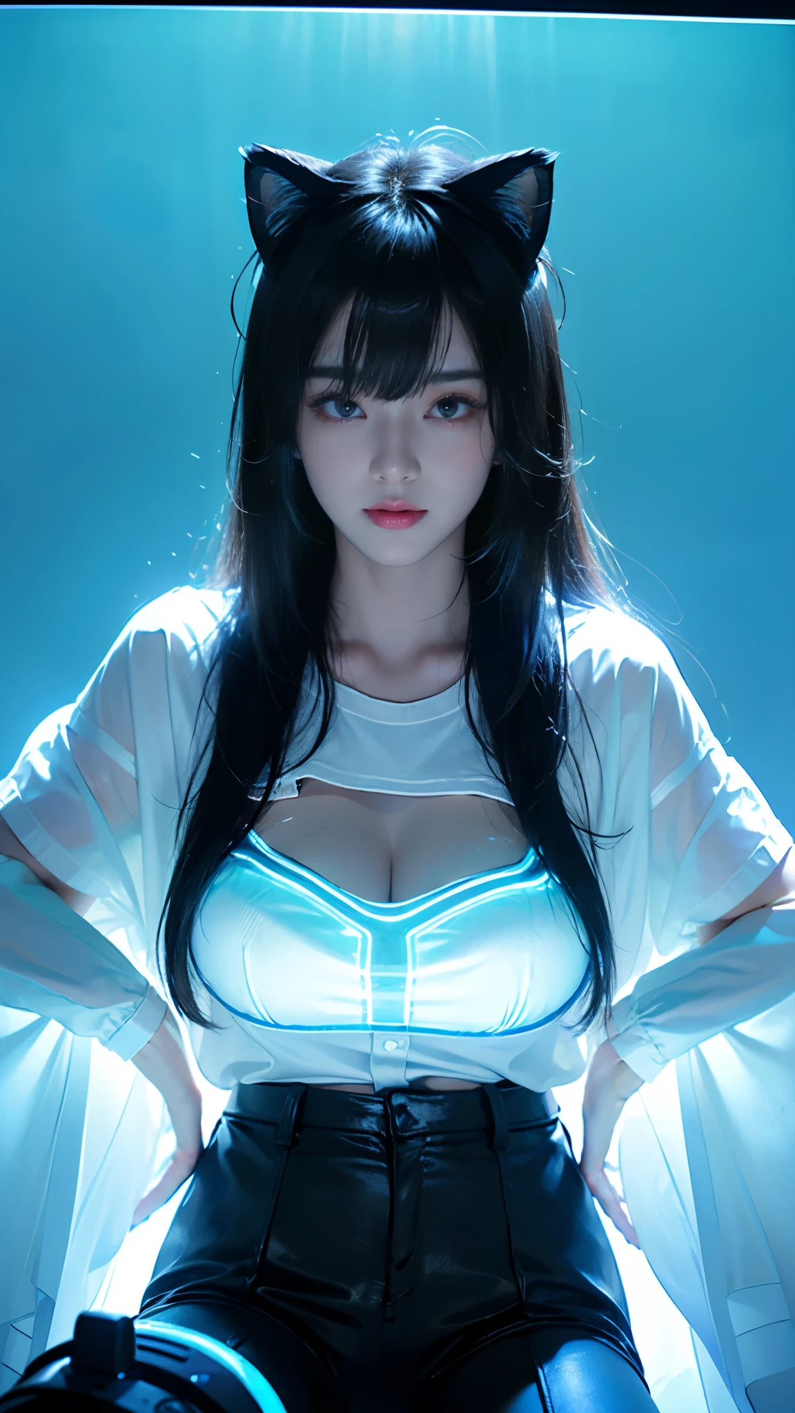 girl、Heaven、hotel、black long straight hair、glowing neon lights、Video game room、sitting on gaming chair、girl子玩游戏、Illuminated keyboard、Glowing cat ears、(((UV lamps、White shirt glowing under black light)))、plump big breasts、large cleavage、satin fabric hot pants