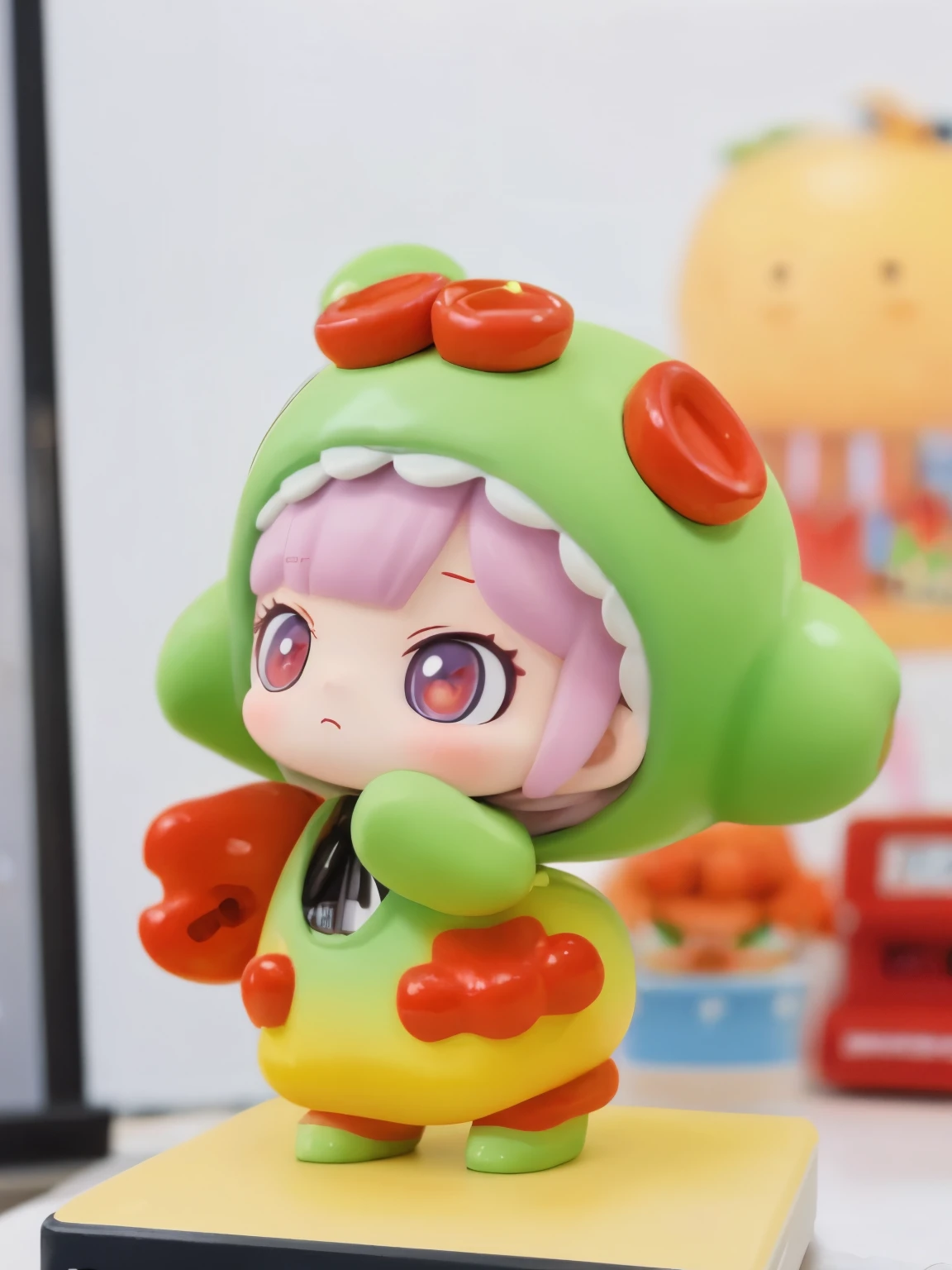 blindbox、Chibi girl acting on stage、wearing a cute fruit costume、action、shout、Take a photo from the side