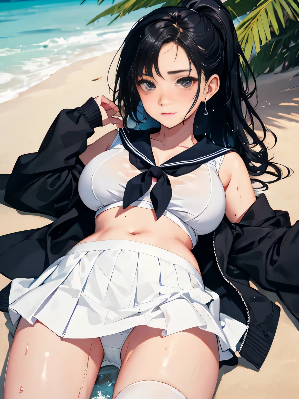 highest quality、High resolution、detailed background、Super detailed、beautiful and detailed face、beautiful and smooth skin、skin texture、professional lighting、Beautiful age girl、(huge breasts:1.1)、black hair ponytail、sexy sailor suit、Wet白い薄いセーラー服、Wet白い薄いプリーツのミニスカート、Thin white knee high socks、sleeveless、emphasize the chest、underboob、legs open、panty shot、cute、Raise your arms and show your sides、Thin white panties、lying on the beach、
全身がWet、My clothes are Wet and transparent、Wet、soak in water、See through、
He looks at me with cold eyes and a troubled face..、panty shot、camel toe