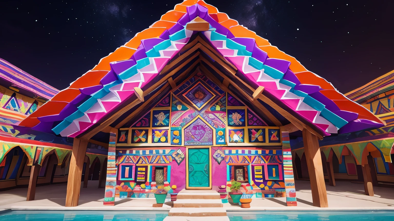 "Experience a kaleidoscope of colors in a aztec piramid house made entirely of candy crystals, each one carefully crafted to perfection."
