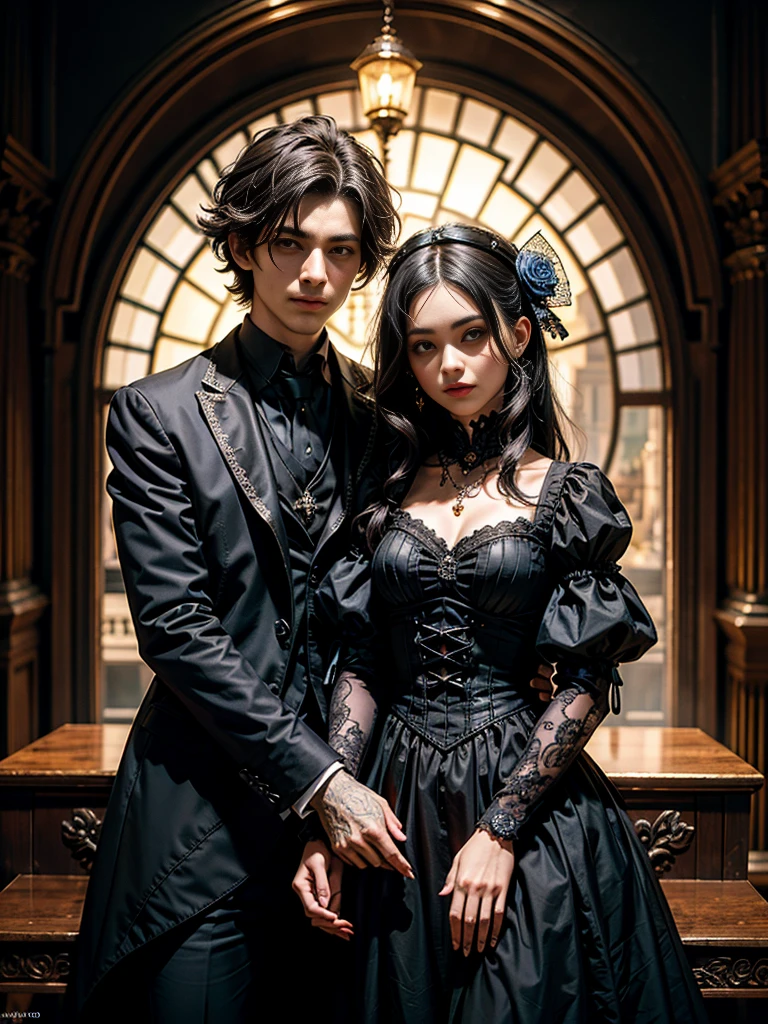 ( calidad superior, Mejor calidad, arte oficial, hermoso y estetico:1.2), (( una pareja heterosexual estilo dark,ojos grandes，Small pieces， cabello negro esponjoso)), extremadamente detallado,(fractal art:1.3),vistoso,more detailed，Obra maestra:1.2，Detalles detallados）,，（oscuro Gothic，Victorian steampunk gothic style）, oscuro, escenario oscuro con calaberas de adorno 32k