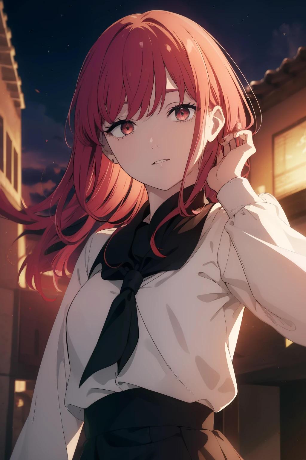 ((((Obra maestra, La mejor calidad, ultrahigh resolution)))), 1girl, looking at viewer, standing, upper body, red hair, beautiful face, outside, wind blowing, detailed face, eyeliner, detailed red gradient eyes, shiny red eyes, black pupils, school uniform, face focus, pretty smile, happy
