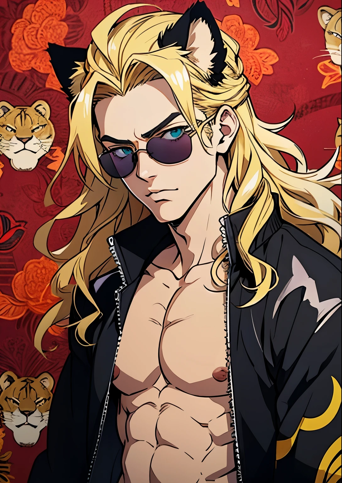 ((Hirohiko Araki style)), One male, lion ears, long hair, blond, blond hair, green eyes, tall, muscular, black bomber jacket, beautiful face, ((highest quality)), ((masterpiece)), 2d, ((anime)), (perfect face), ((highest detail)), feline eyes, stubble, lion tail, wavy hair, cowboy shot, intricate details, (paisley background), ((solo)), ((red sunglasses))