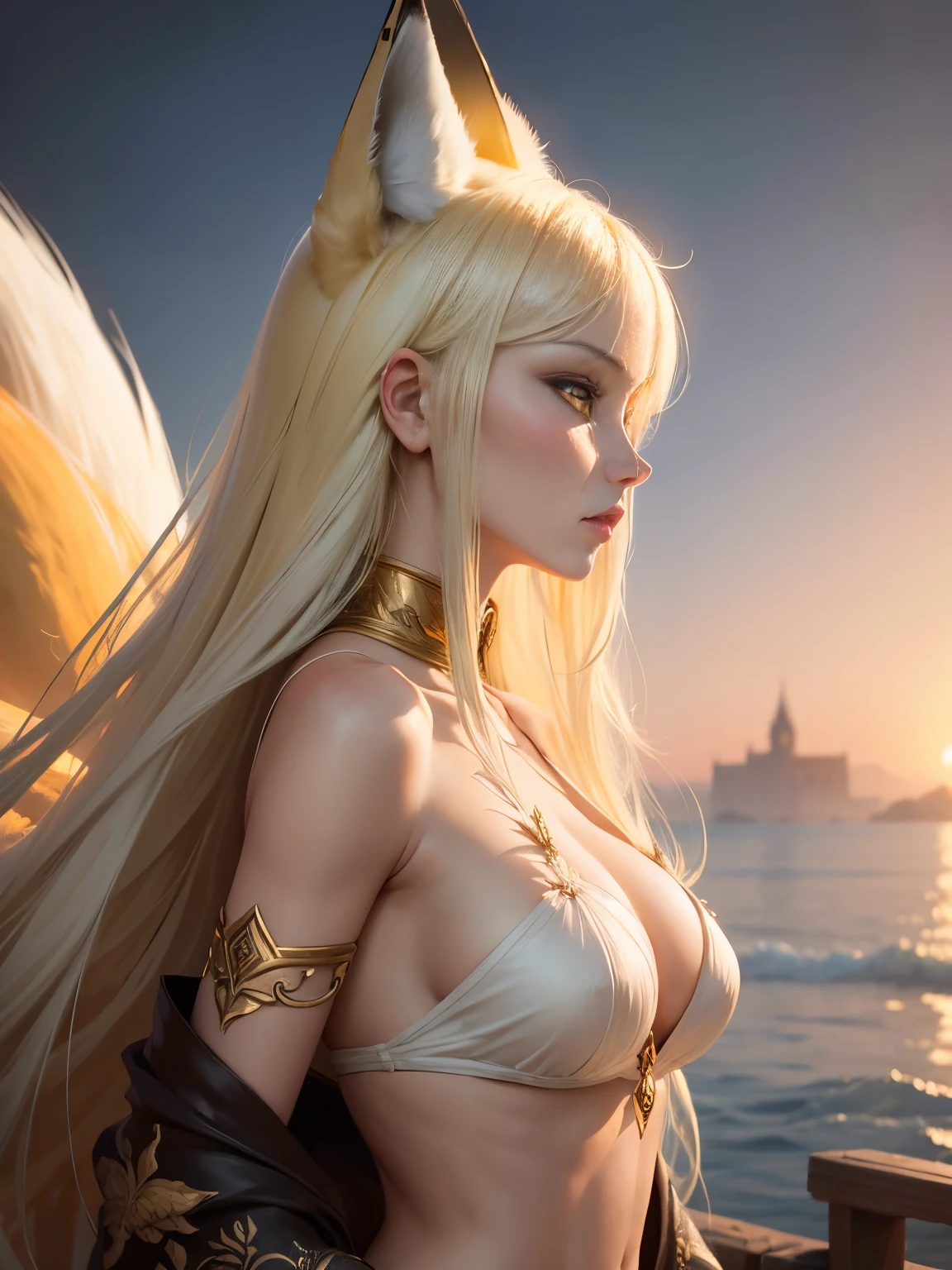 (best quality, 4k, 8k, highres, masterpiece:1.2)
ultra-detailed
detailed face
detailed lips and eyes
attractive appearance
expressive face
detailed perfect fingers and hands
detailed perfect face
realistic
BREAK
BLARKY beautiful caucasian woman with very long straight white hair
(yellow eyes:1.4)
fair skin
animal ear fluff
animal ears
extra ears
fox ears
fox girl
(fox tail:1.5)
long hair bangs
hair between eyes
medium-large breasts
(16-year-old, height 162 cm)
BREAK
A regal figure with sculpted cheekbones gazes into the evening sky, portrayed in a digital painting with a soft and ethereal style. The profile view accentuates the elegance and sophistication of the subject, showcasing their refined features and graceful posture. The vibrant hues of the evening sky create a captivating backdrop, adding a touch of grandeur and mystery to the composition.
BREAK
(profile view:1.4), (Upper body)