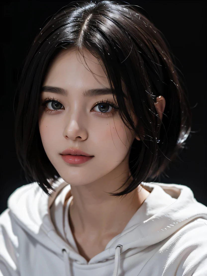 ((masterpiece、highest quality、Super detailed、High resolution、realistic、sharp focus、cinematic lighting))、(1 girl)、bust shot、(black hair、boyish short hair、high top fade、all back)、beautiful face、beautiful hairstyle、symmetrical eyes、beautiful eyes、beautiful skin、smile、attractive appearance、heavy makeup、fold your arms、thick hoodie、view audience