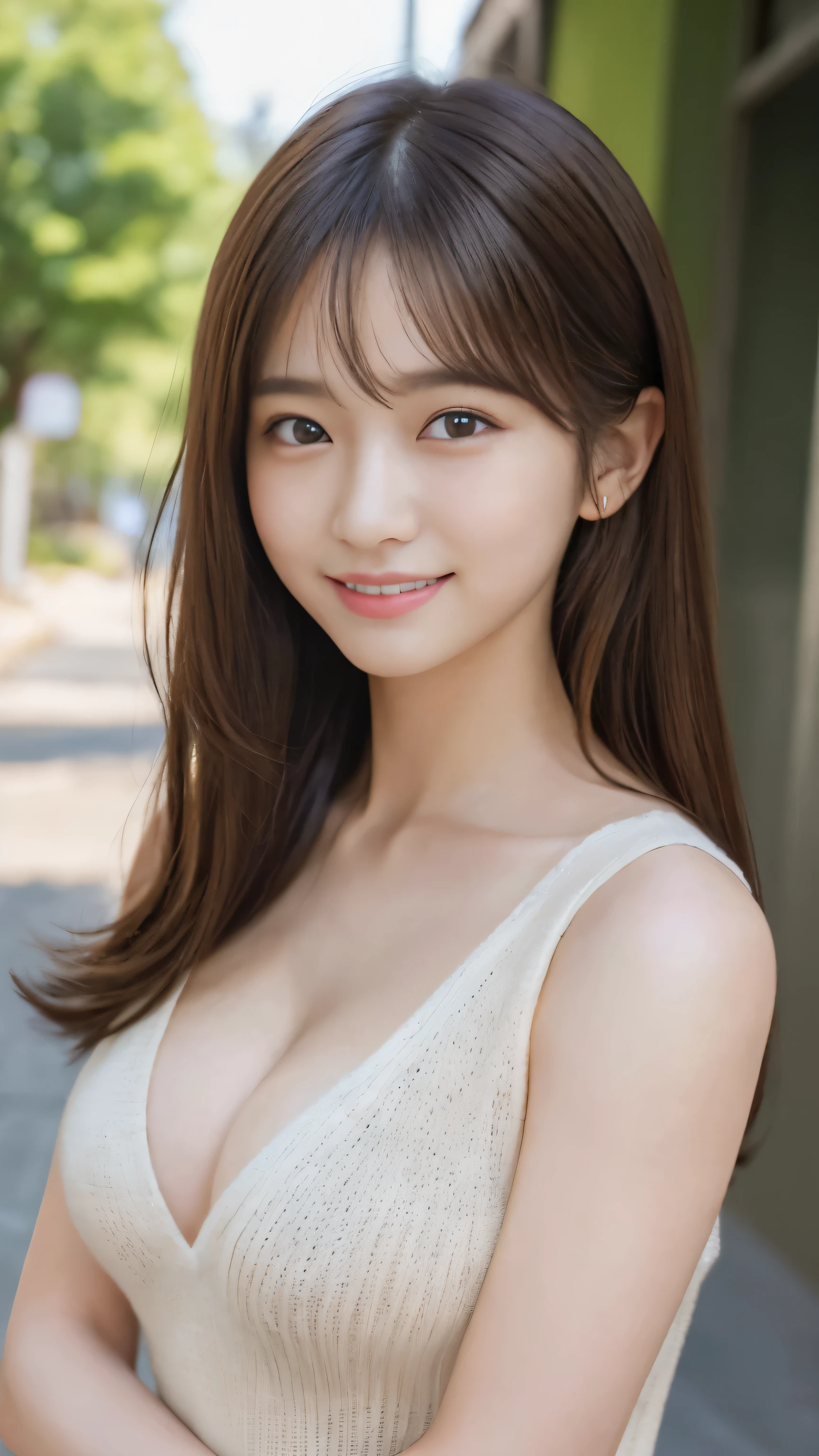 (最高masterpiece:1.3), (8k, Photoreal, RAW photo, best image quality: 1.4), japanese girl、、(random hairstyle:1.2)、(cleavage:1.2)、super detail face、pay attention to details、double eyelid、chest to chest、sharp focus:1.2、(cute woman:1.4)、light brown hair、highest quality、masterpiece、ultra high resolution、(Photoreal:1.4)、Highly detailed and professionally lit smiles、loose and light knitwear、thin、smile、long hair、upper body portrait