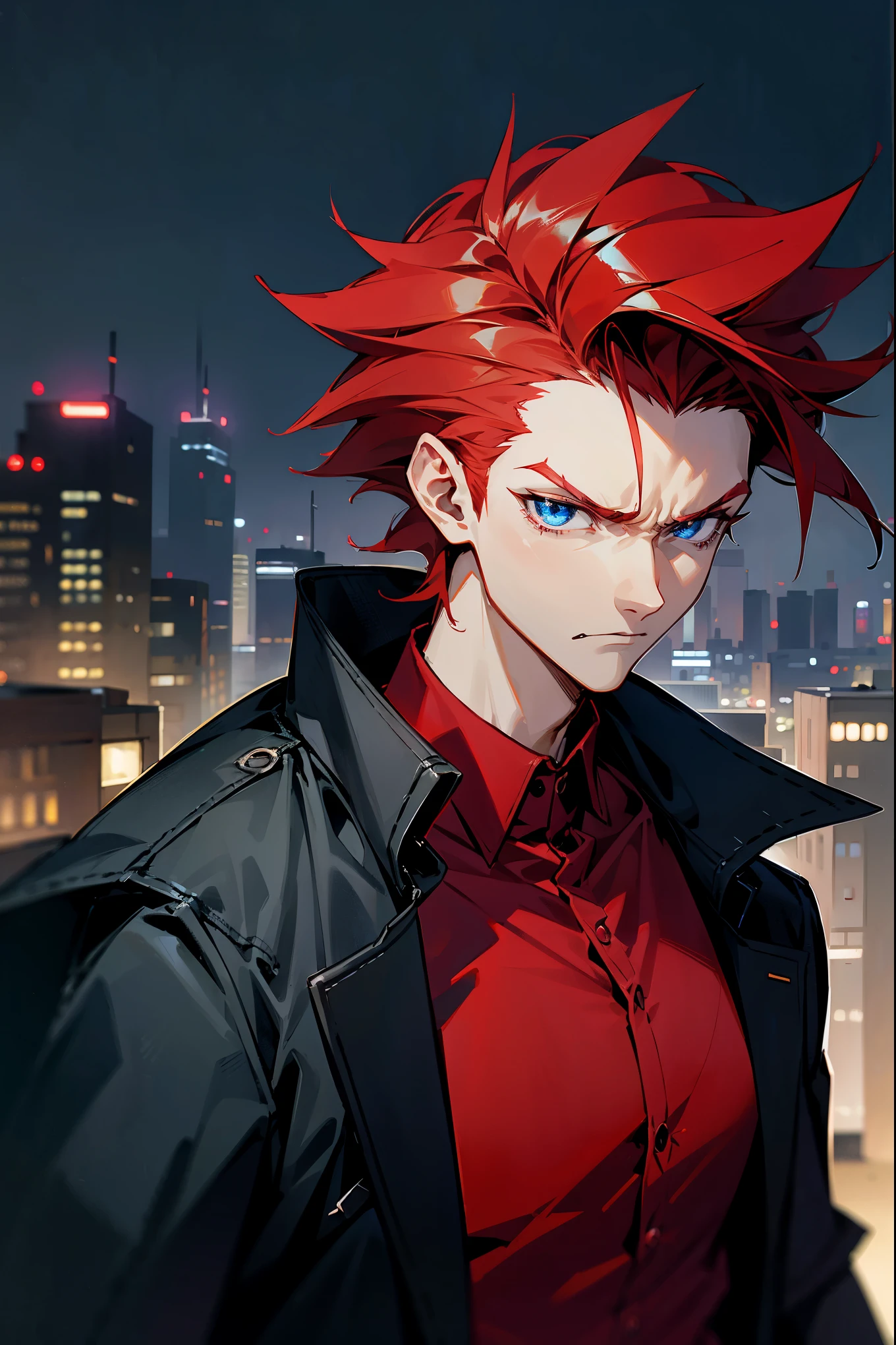 1male, red hair, blue eyes, spikey sideswept hair, graphic shirt, dark coat, modern clothing, (((city background))), annoyed expression