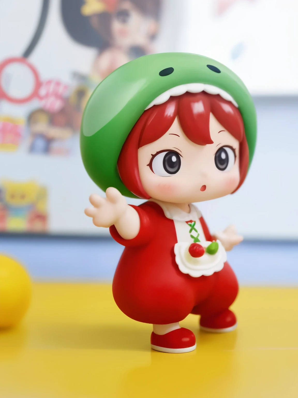 blindbox、Chibi girl acting on stage、wearing a cute fruit costume、action、shout、Take a photo from the side