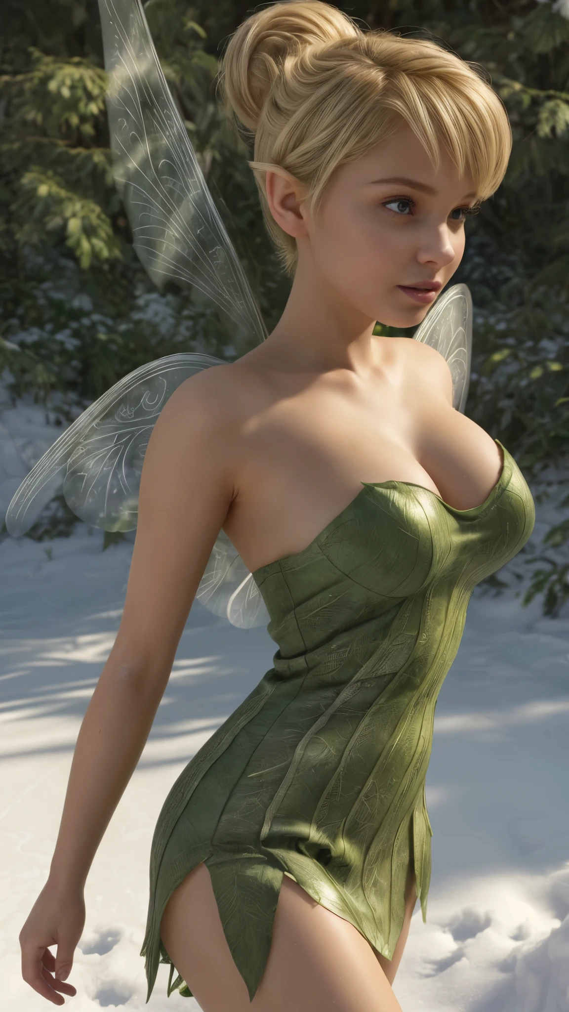 (masterpiece:1.4), (best quality:1.2), (photorealistic:1.37), ultra-detailed, highly detailed, 8K, (a realistic life-like picture of Tinkerbell), (wearing a green dress made out of large leaves), (transparent fairy wings:1.1), (blonde hair:1.2), (hair in a single bun on top of her head:1.2), (tidy hair), (pretty face:1.2), (very large breasts:1.4), (white skin:1.2), (((pixie wings on her back on both sides))), walking on a snowy forest path on a sunny winter day