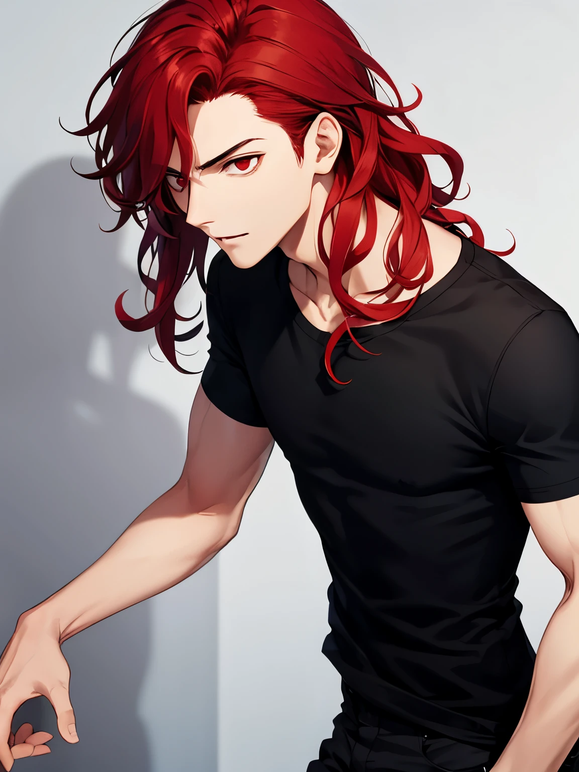 1boy, cool style,Black t-shirt, Facing right, look away, camera angle from the side,handsome,Shoulder length hair,curly hair, red hair,black trousers, black shirt, red eyes, vampire
