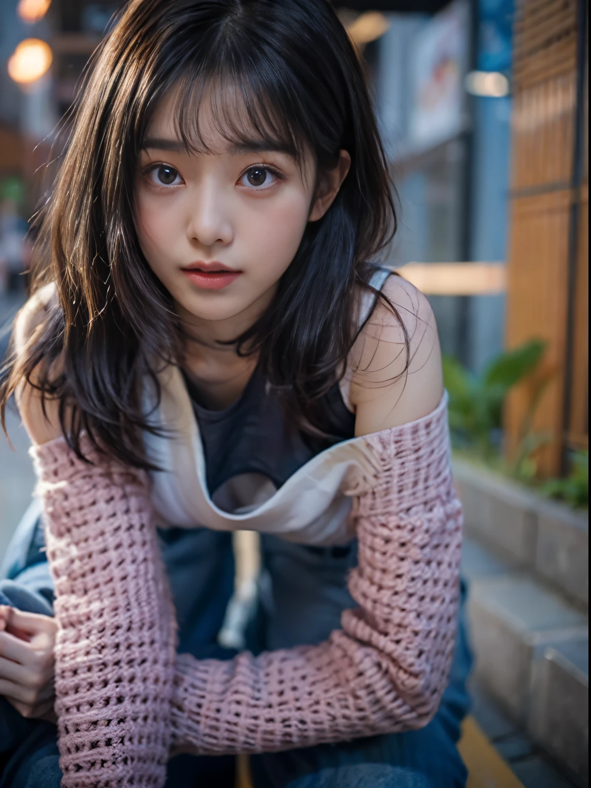 masterpiece、highest quality、cinema、(Details of both eyes)、(cute japanese woman、bangs:1.3)、23 years old、1 girl、elegant、black hair、(auraroid photo:1.2)、night、(shy:1.9)、chocolate